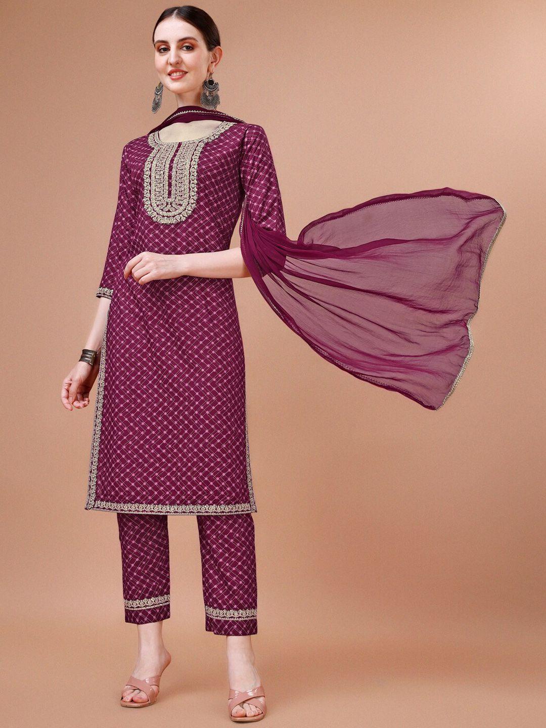 berrylicious ethnic motifs printed regular thread work kurta with trousers & dupatta