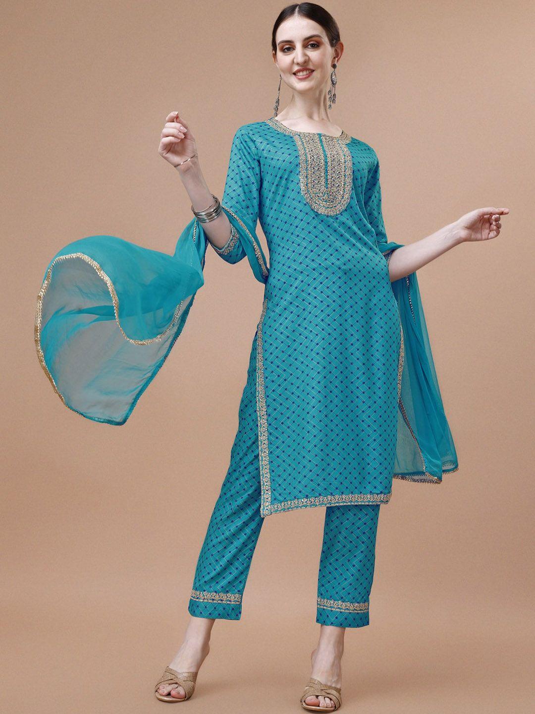 berrylicious geometric printed thread work kurta with trousers & dupatta