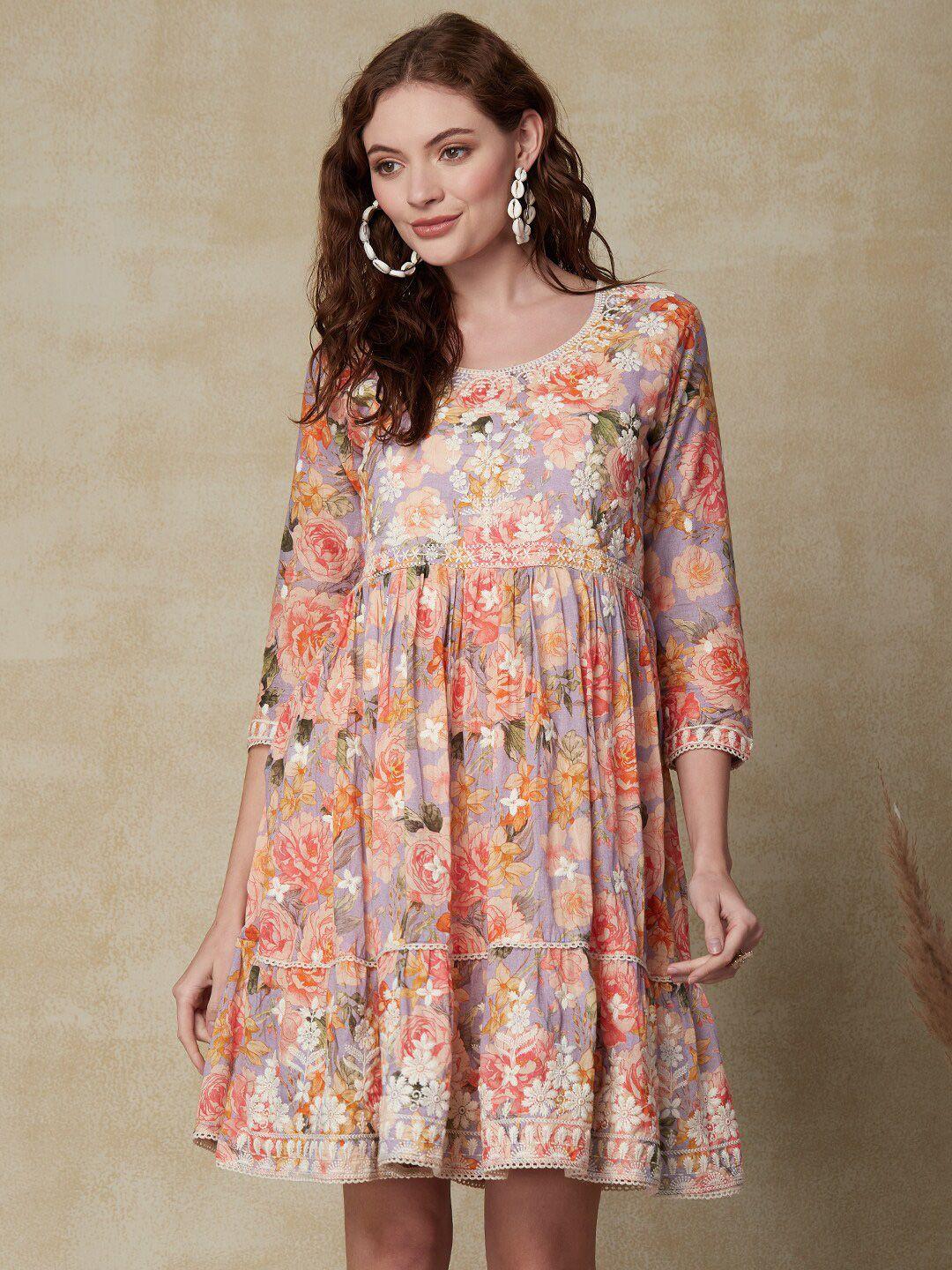 fashor blue & orange floral printed embroidered a-line cotton dress