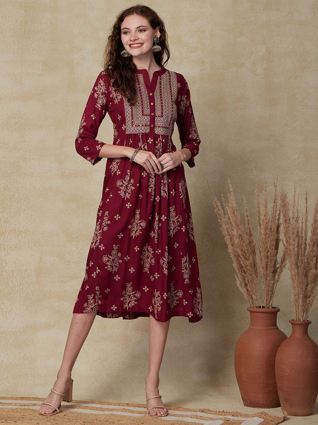 fashor maroon floral foil printed thread & mirror work a-line pleated midi ethnic dress