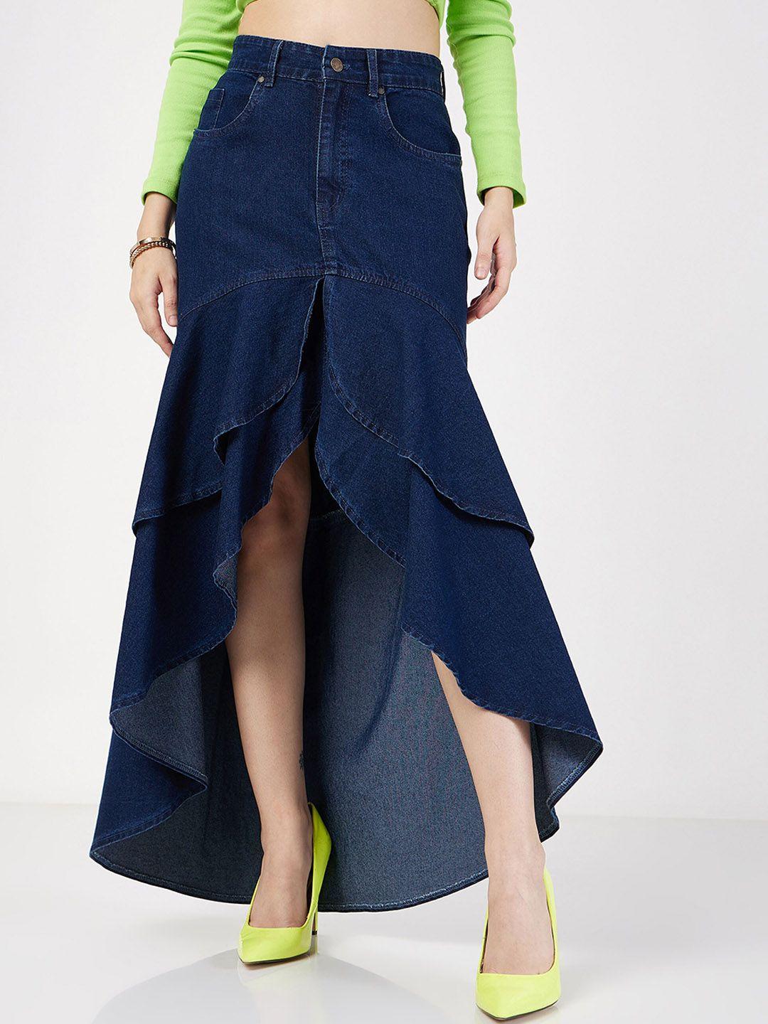 sassafras denim ruffled high low skirt