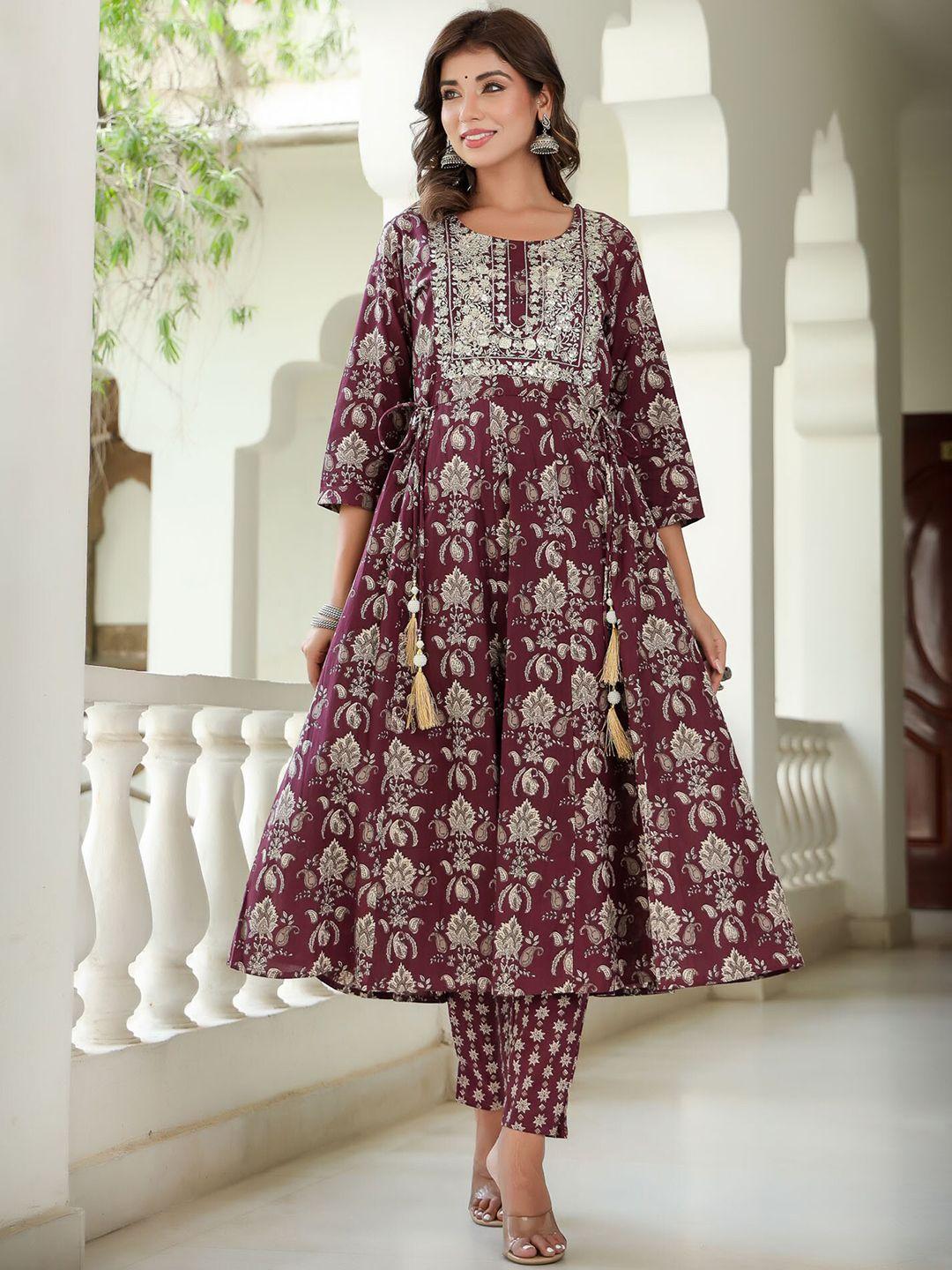 yufta floral embroidered thread work pure cotton kurta with trousers & dupatta