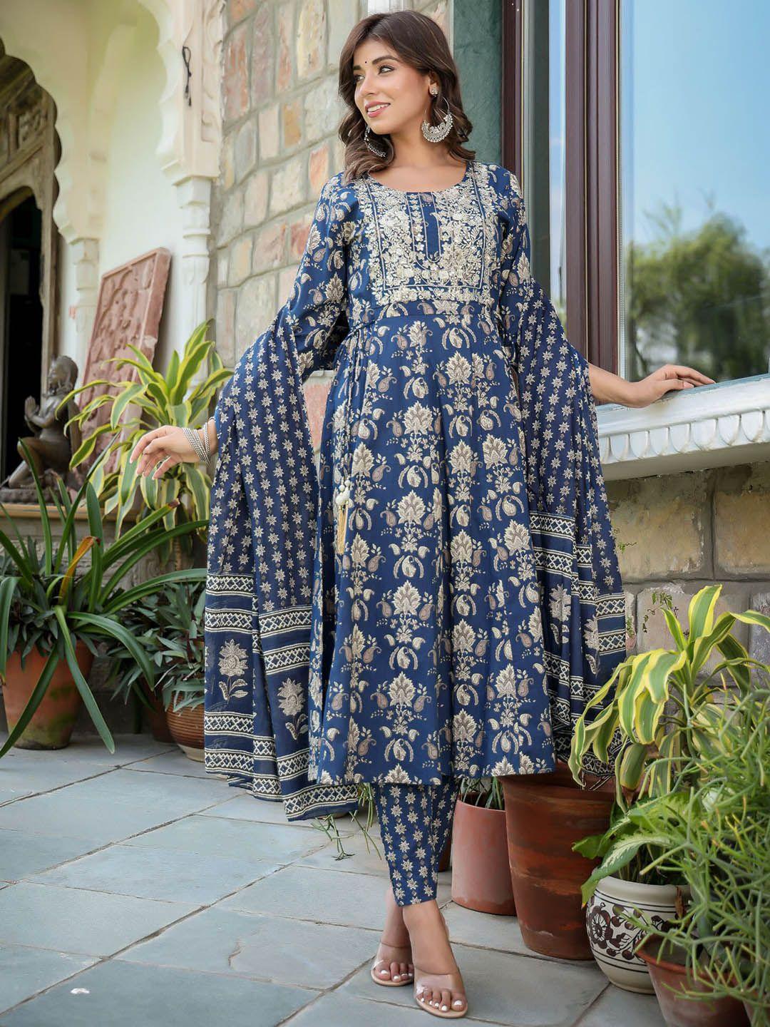 yufta floral printed pure cotton anarkali kurta with trousers & dupatta