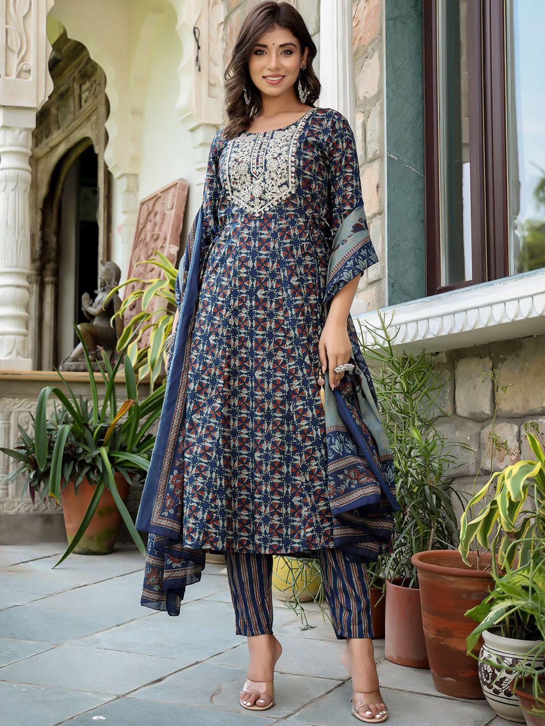 yufta ethnic motifs printed pure cotton anarkali kurta with trousers & dupatta