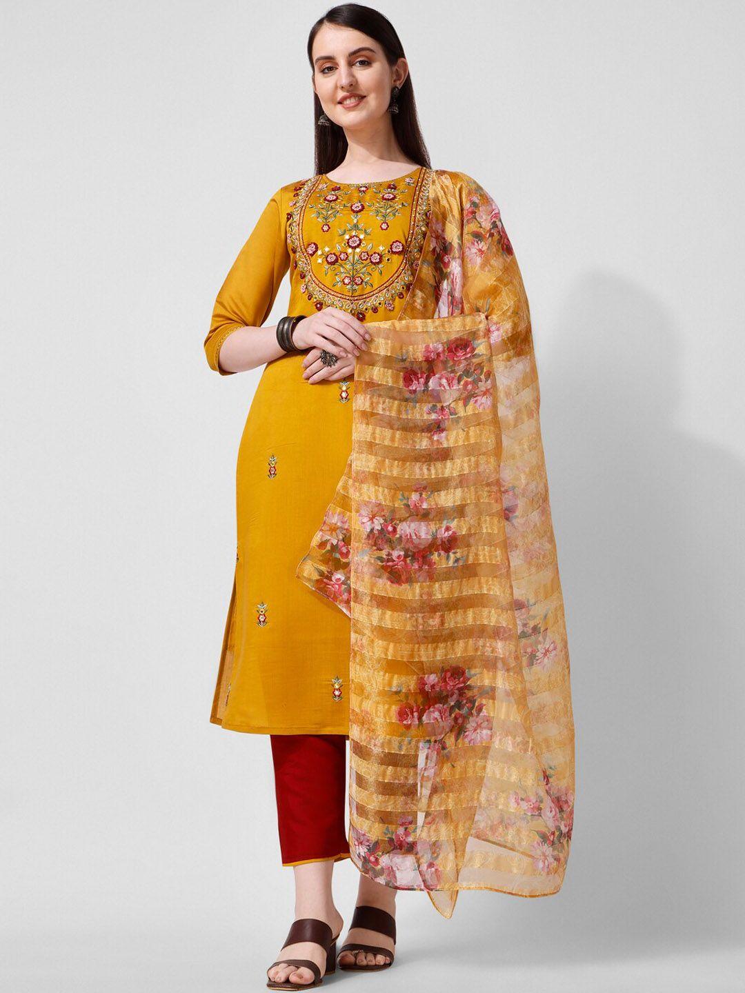 kalini floral embroidered regular chanderi cotton kurta with trousers & dupatta