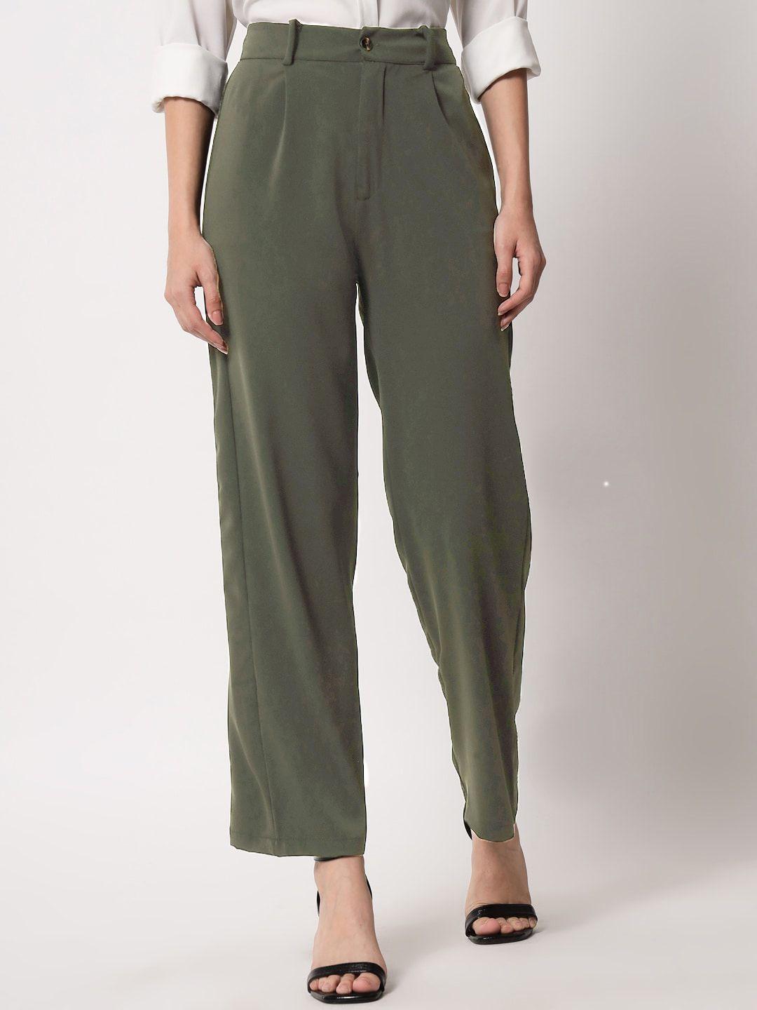 kotty women green relaxed straight leg straight fit high-rise trousers