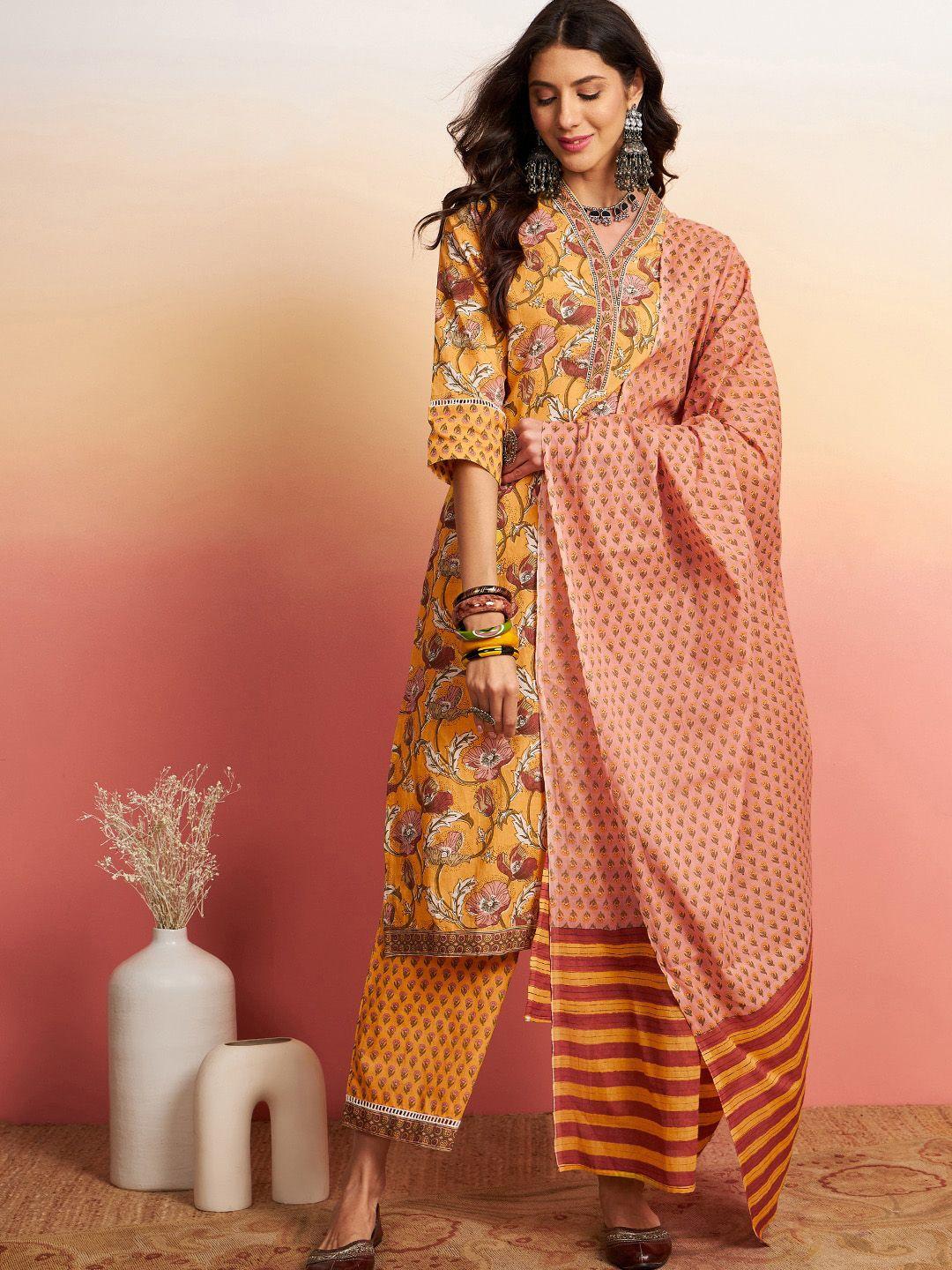 sangria mustard printed pure cotton straight kurta with trouser & dupatta set