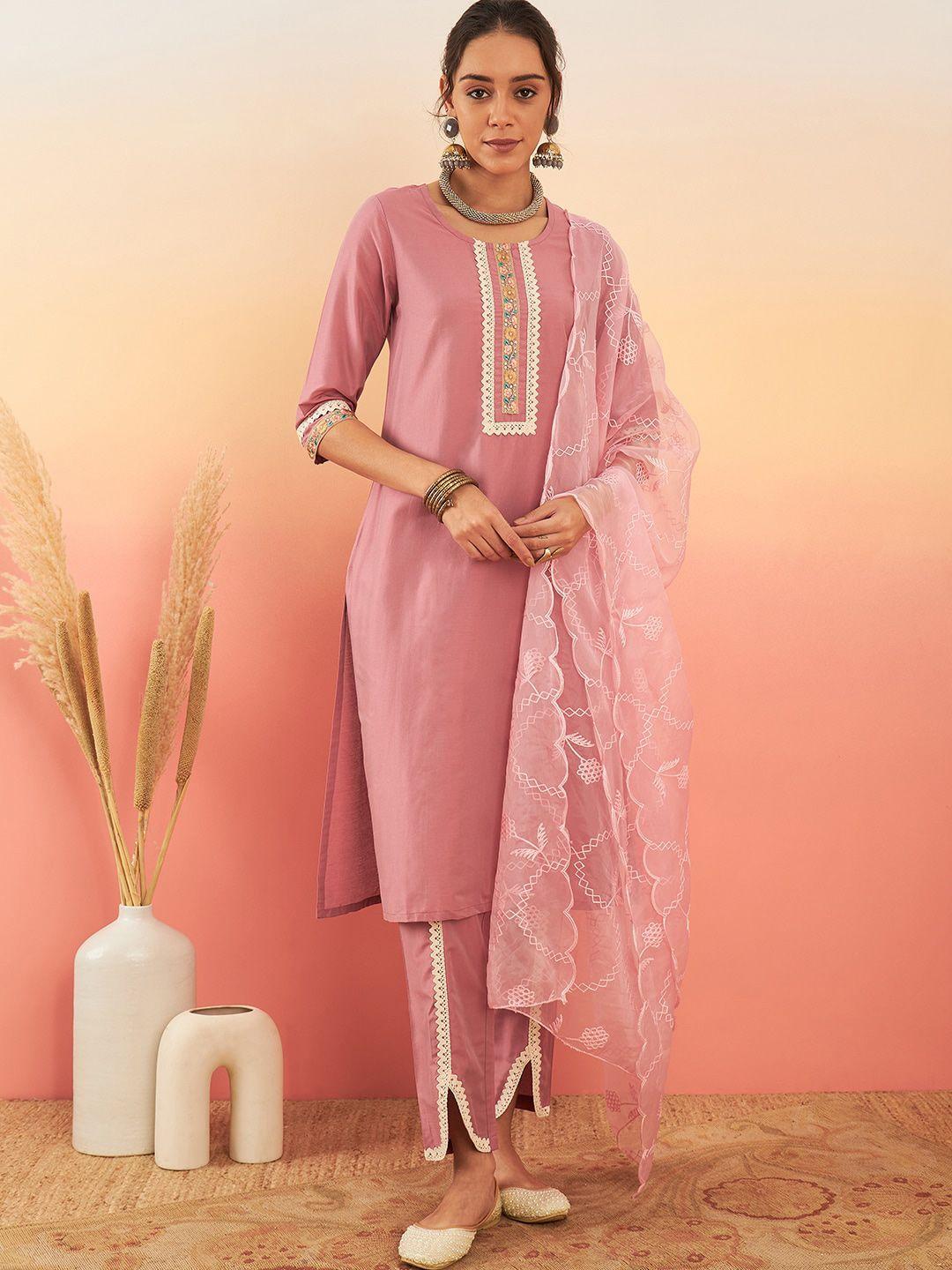 sangria mauve yoke-designed straight kurta with trouser & dupatta set