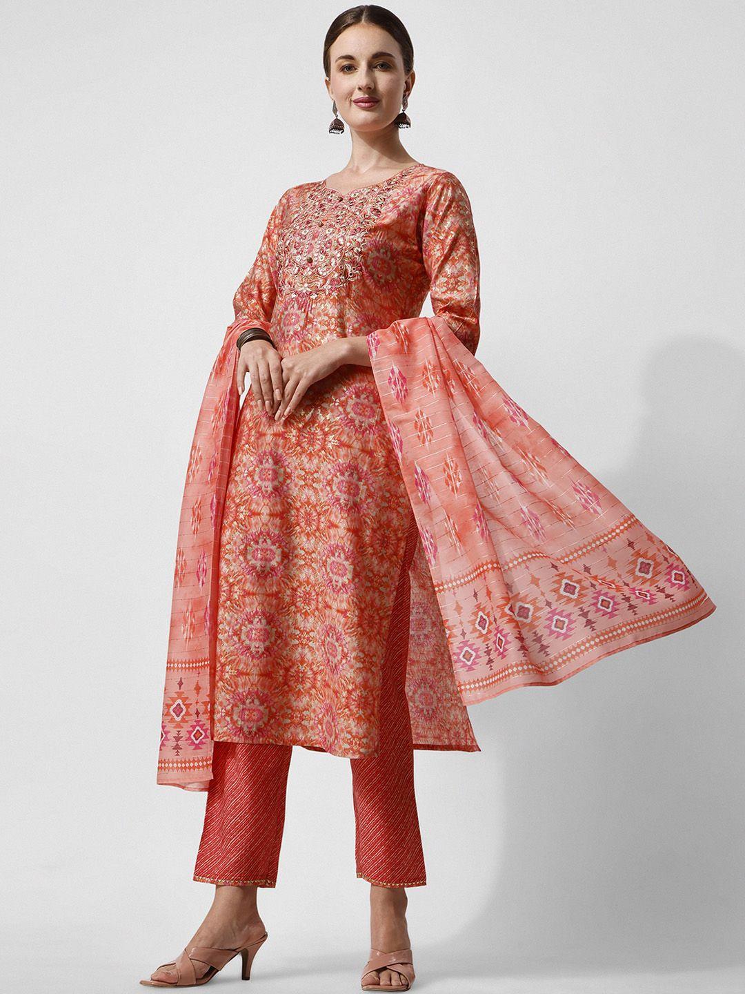 kalini floral printed regular thread work chanderi cotton kurta with trousers & dupatta