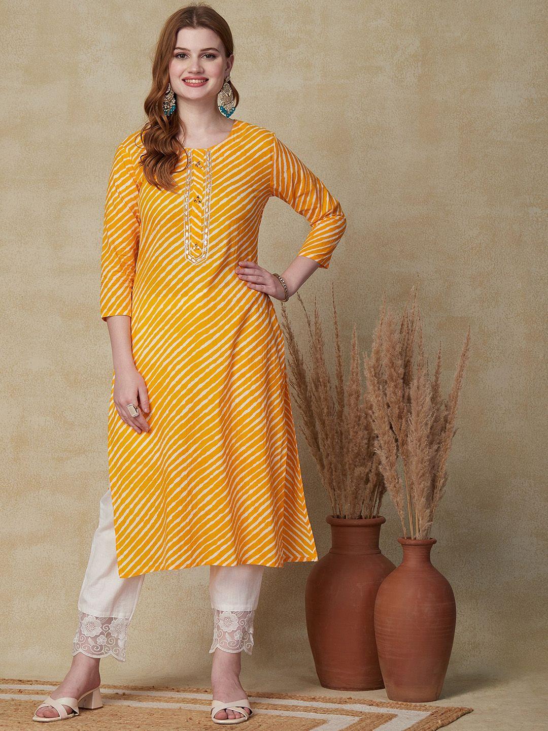 fashor mustard leheriya printed gotta patti a-line pure cotton kurta