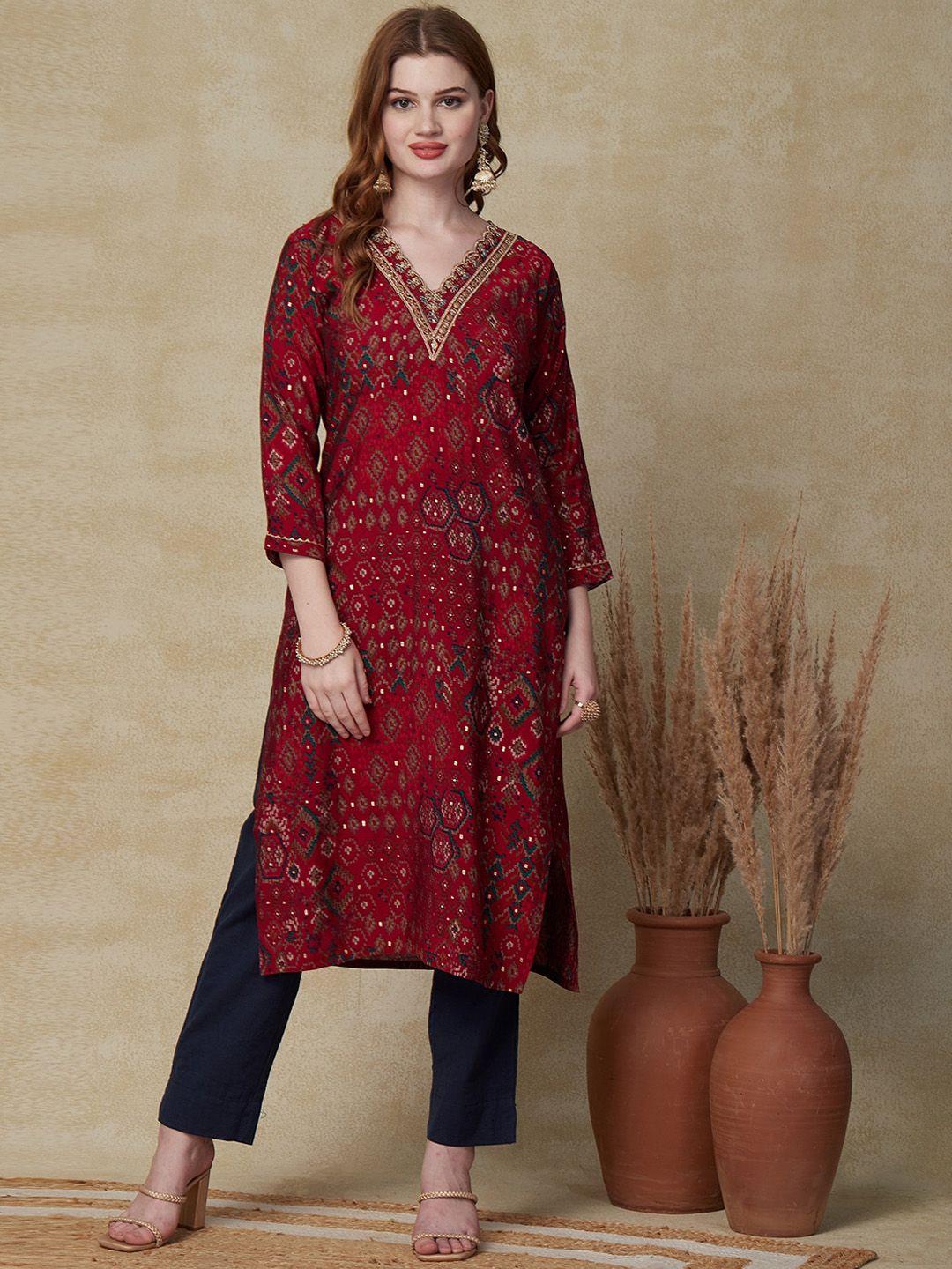 fashor red ethnic motifs printed thread work v-neck a-line kurta