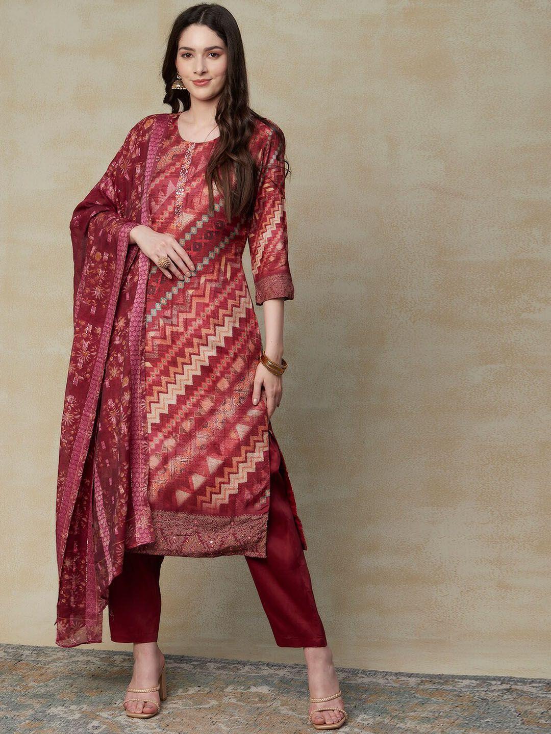 fashor women maroon printed regular mirror work kurta with trousers & with dupatta