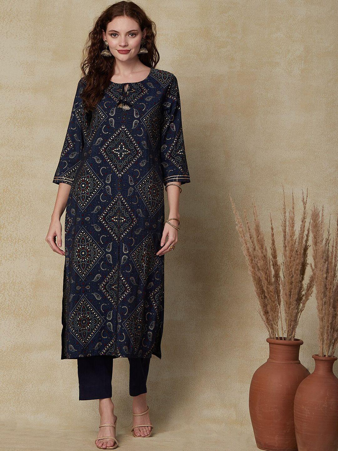 fashor women navy blue bandhani printed regular kurta with trousers