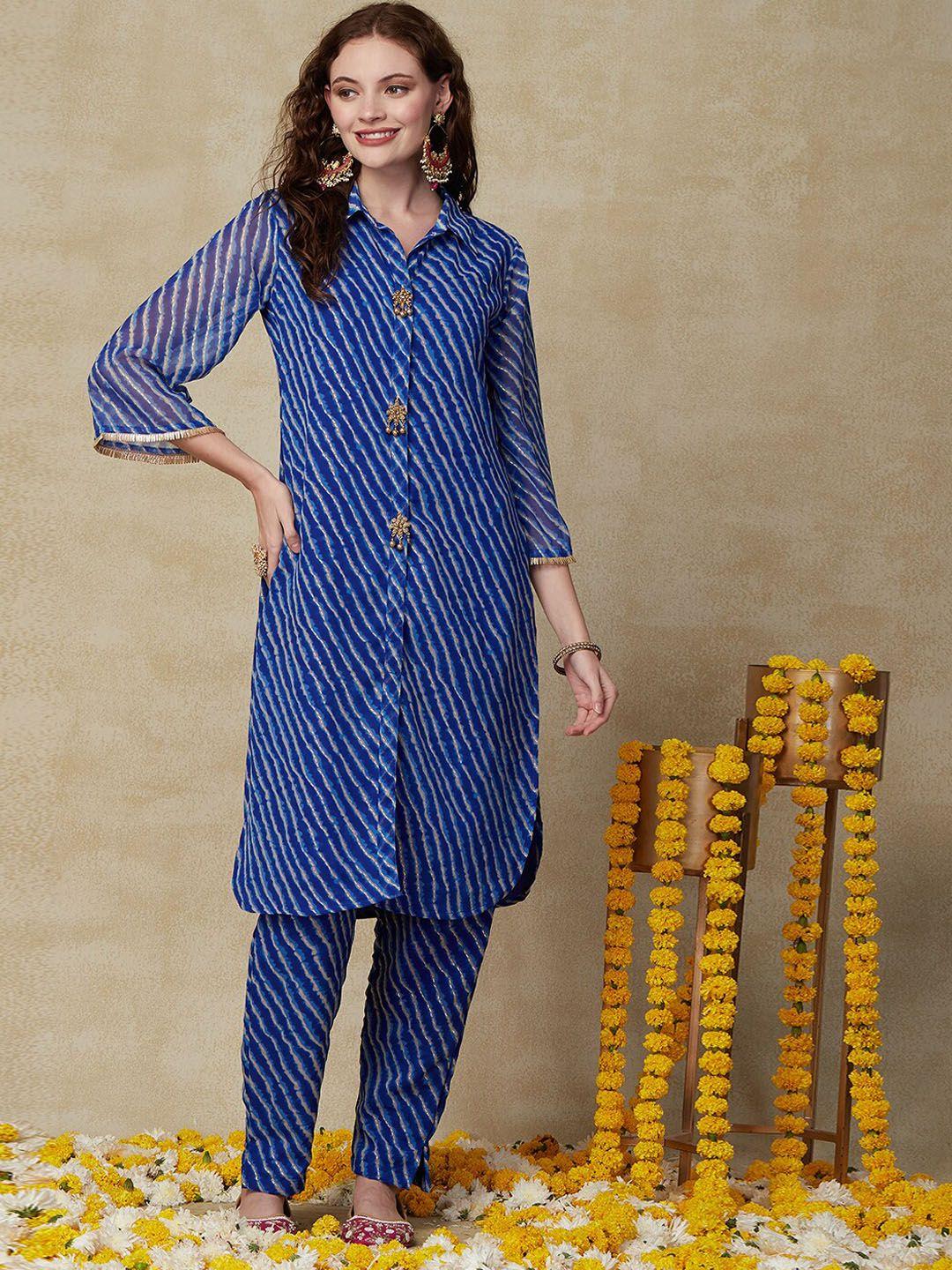 fashor blue leheriya printed regular puffed sleeves straight kurta with palazzos