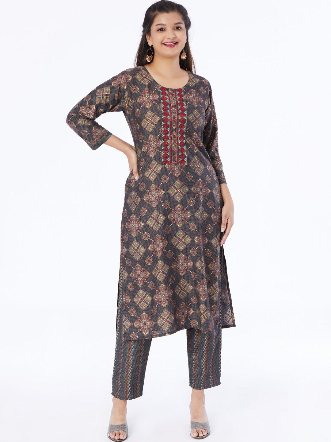 taruni ethnic motifs printed thread work regular kurta with trousers