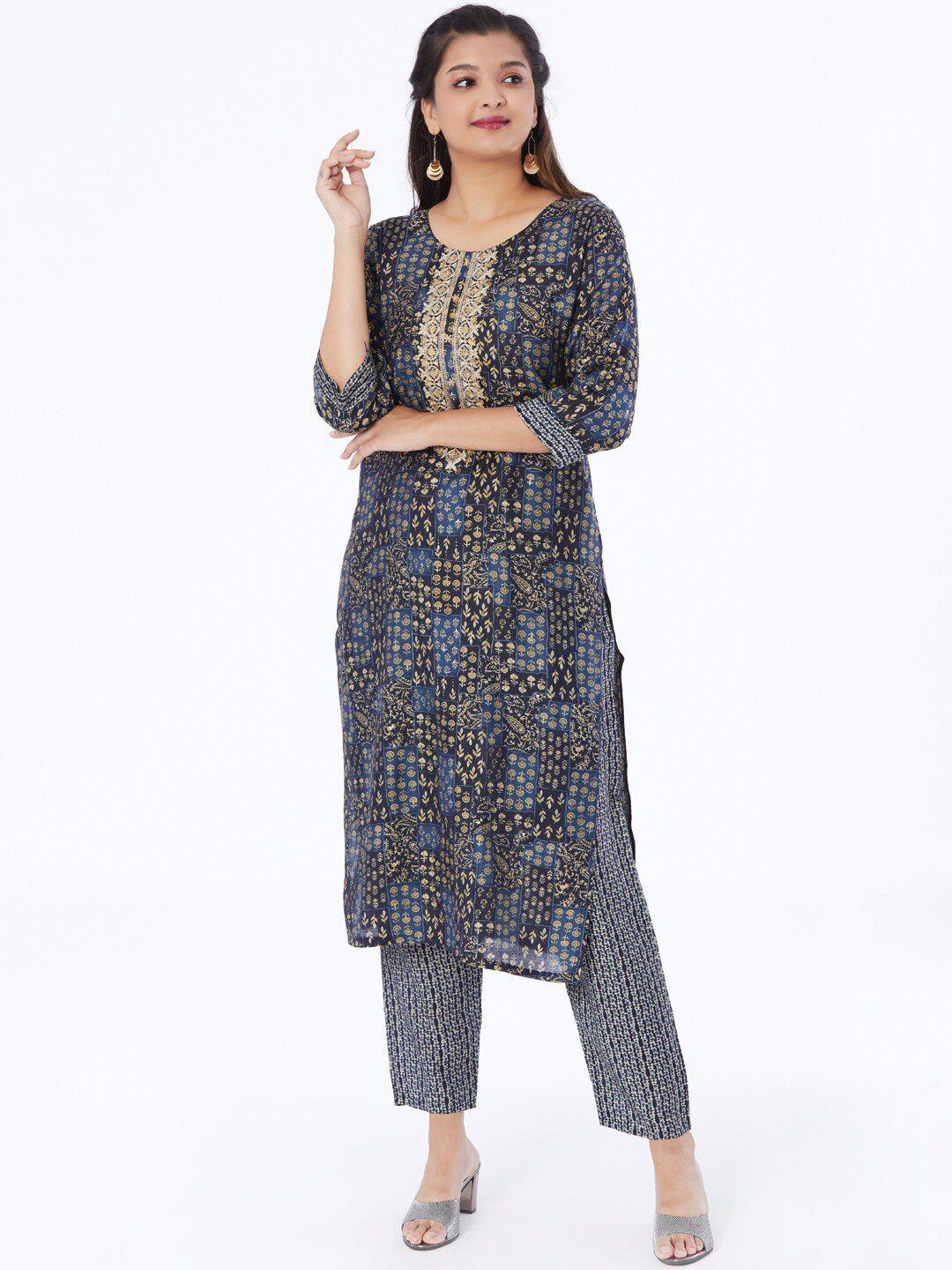 taruni ethnic motifs printed thread work regular kurta with trousers