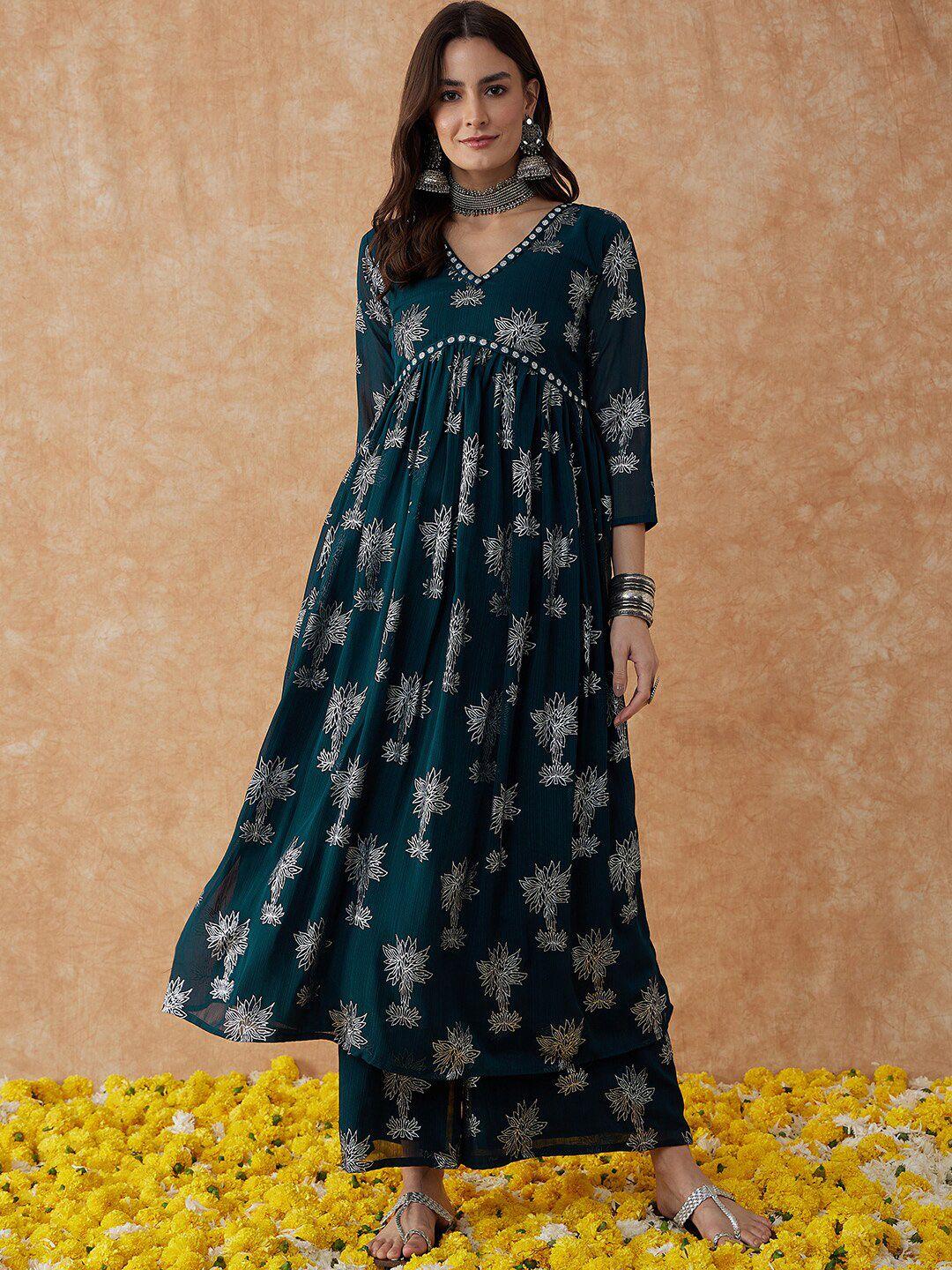 sangria floral printed v-neck anarkali kurta & palazzos