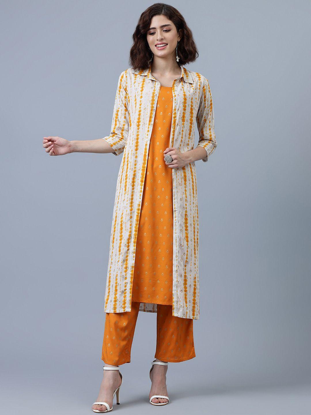 khushal k ethnic motifs printed straight kurta & trousers with jacket