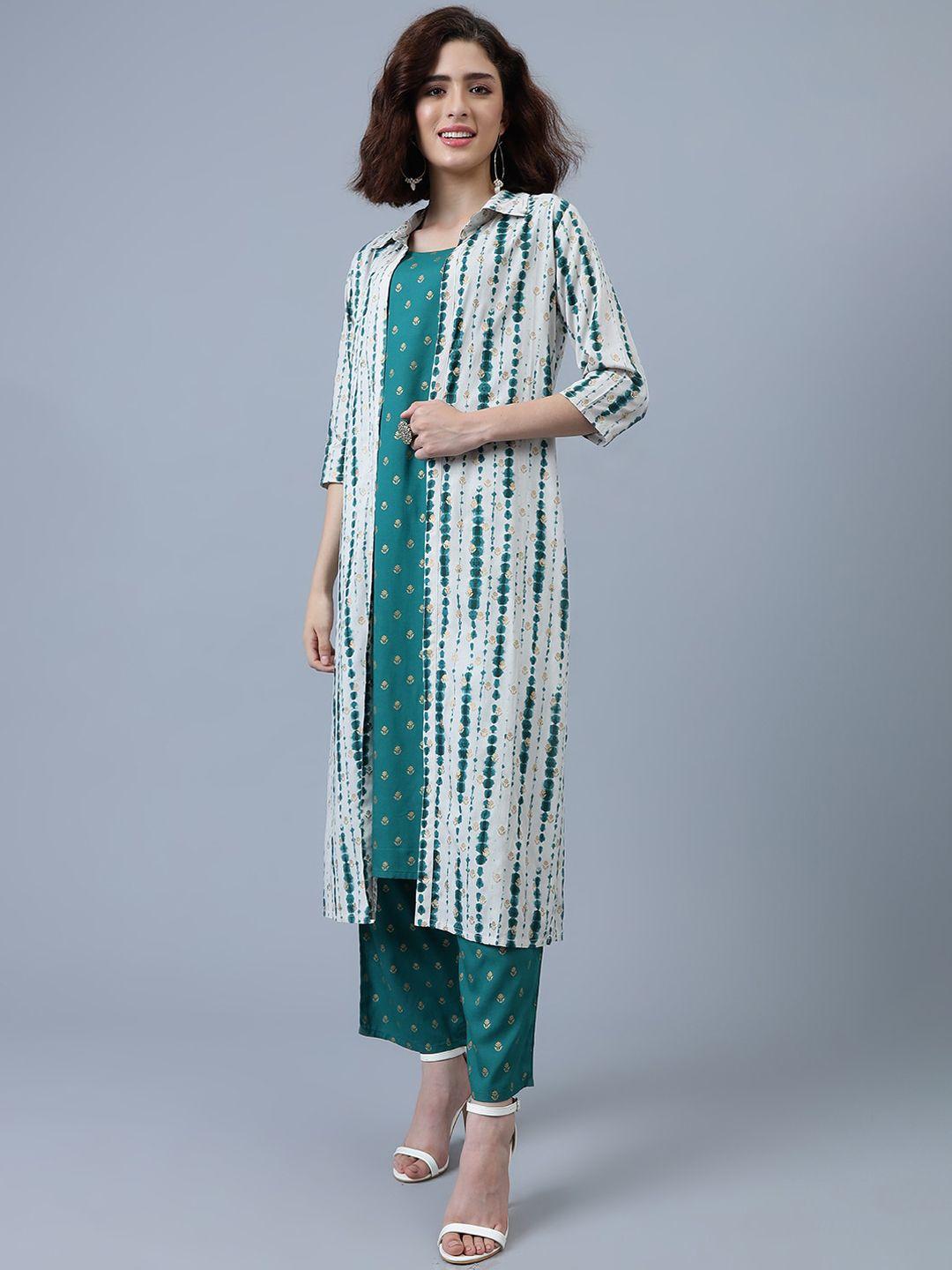 khushal k ethnic motifs printed straight kurta & trousers with jacket