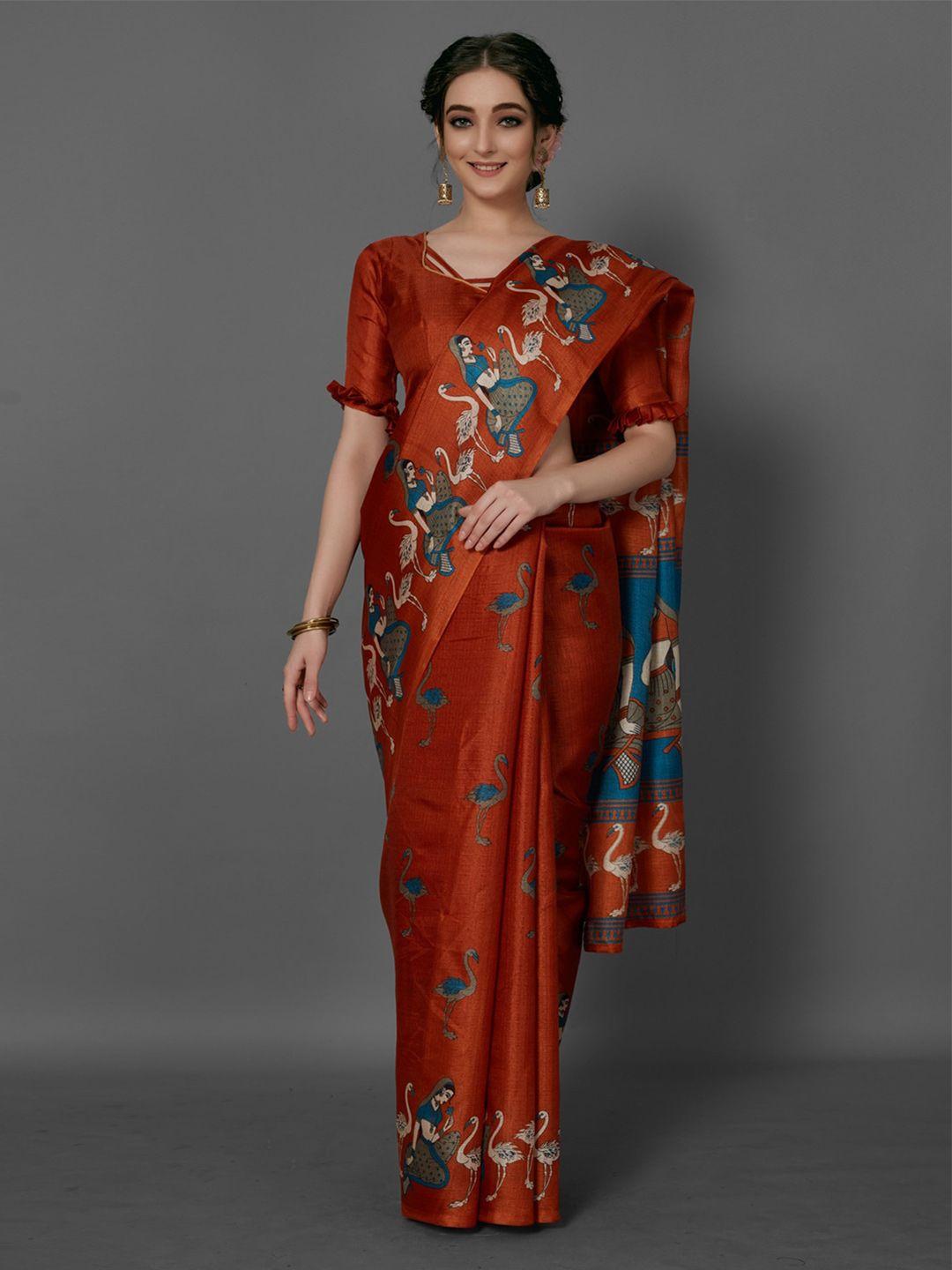 anouk rust & blue ethnic motifs printed saree