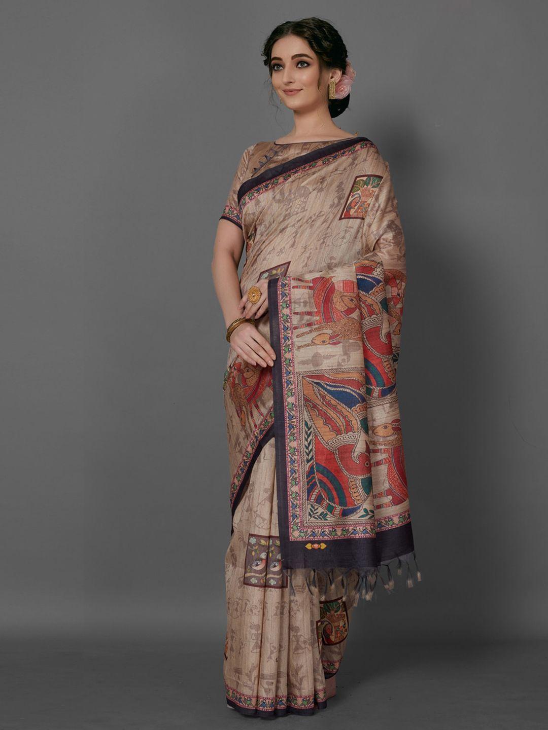 anouk beige & black warli printed saree