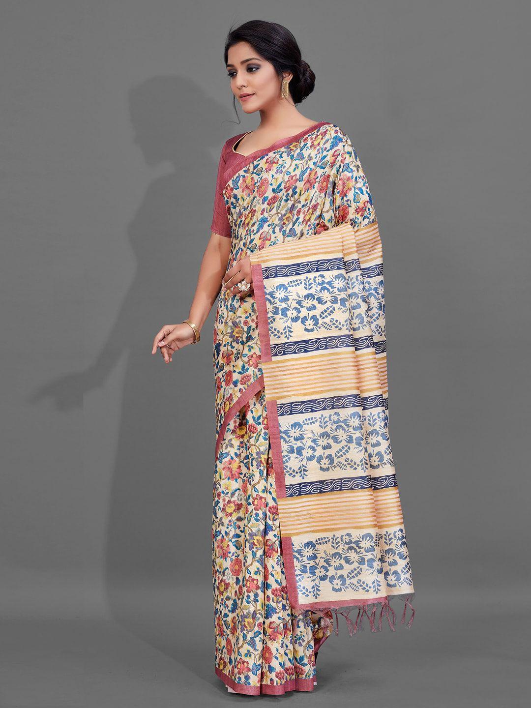 anouk cream-coloured & mauve ethnic motifs printed saree