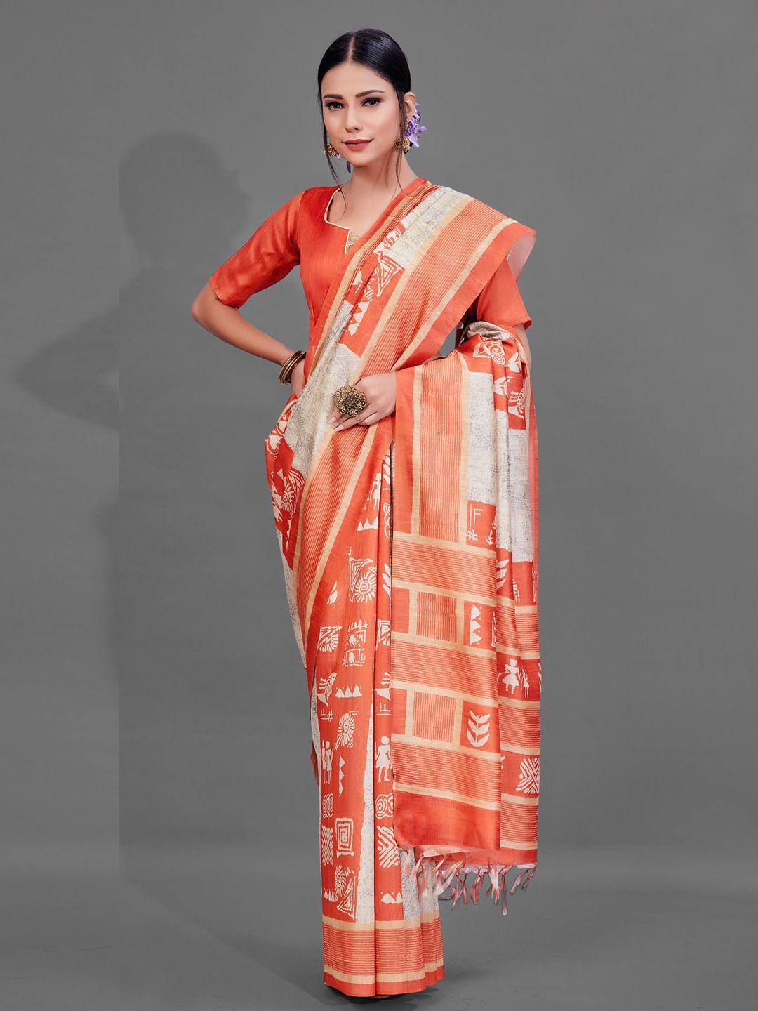 anouk cream-coloured & orange warli printed saree