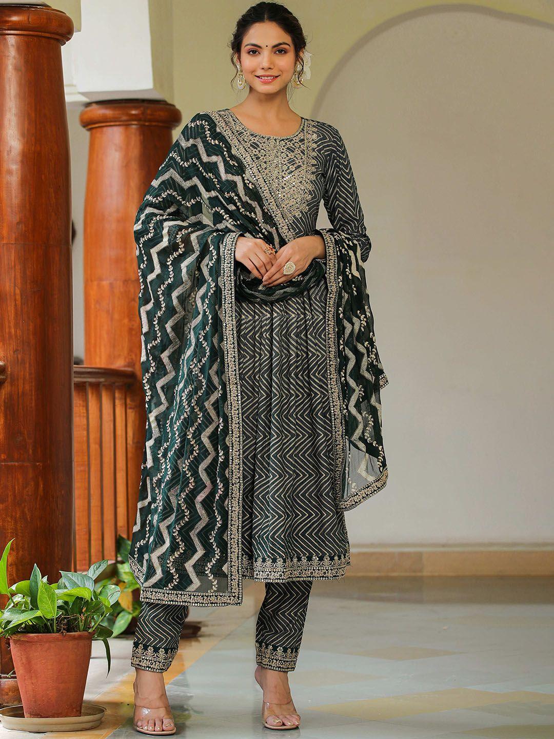 rangeelo women chevron printed threadwork pleated kurta with trousers & with dupatta