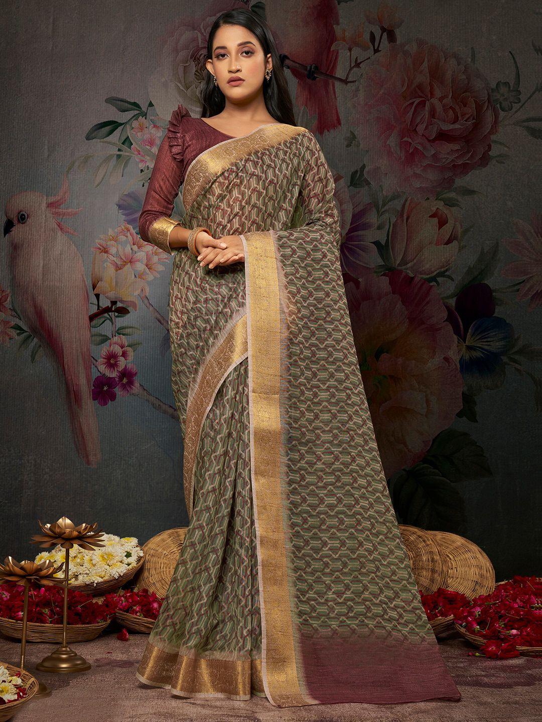 anouk green & brown  geometric printed zari saree