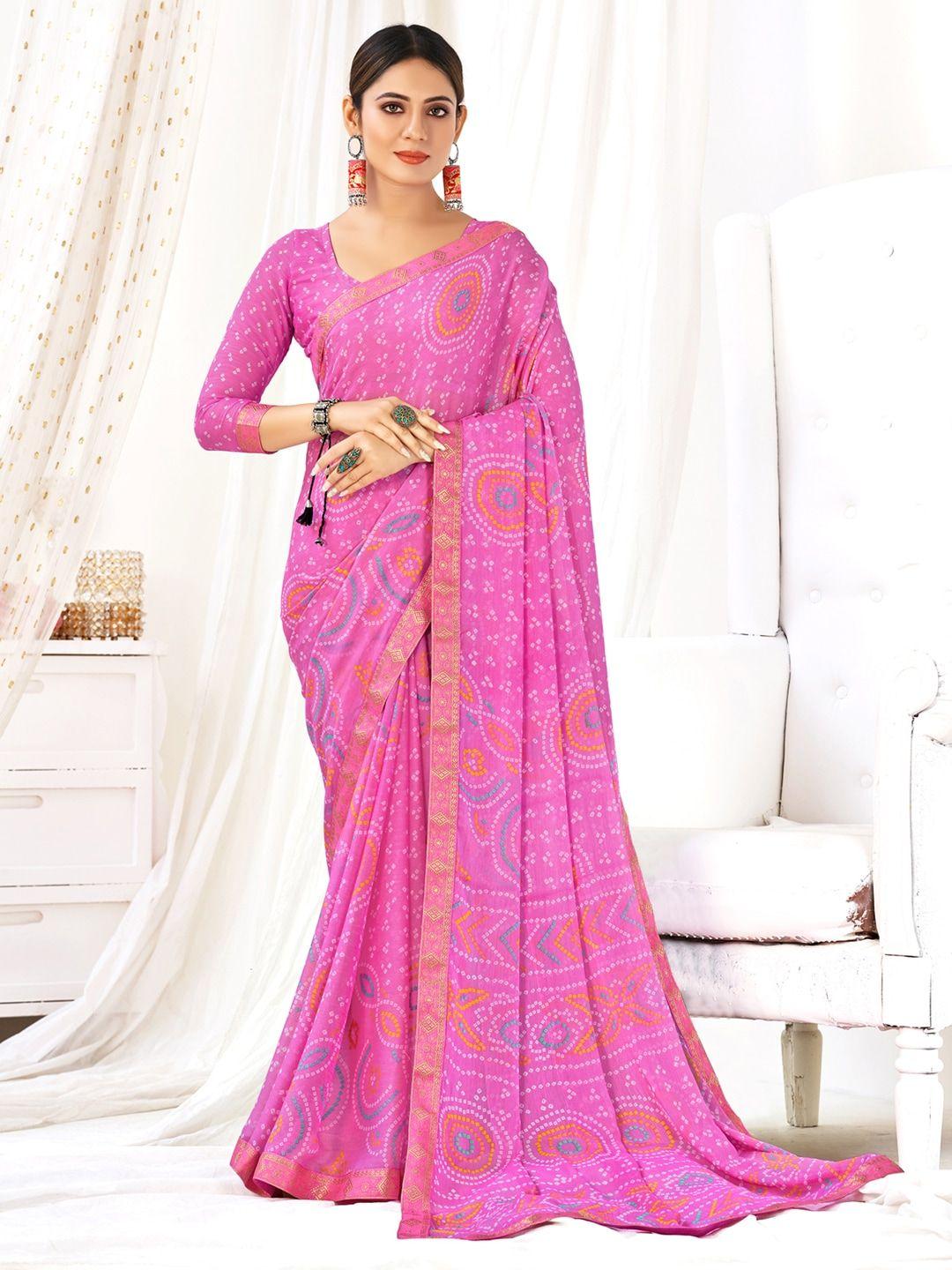 anouk pink & white bandhani printed zari pure chiffon saree