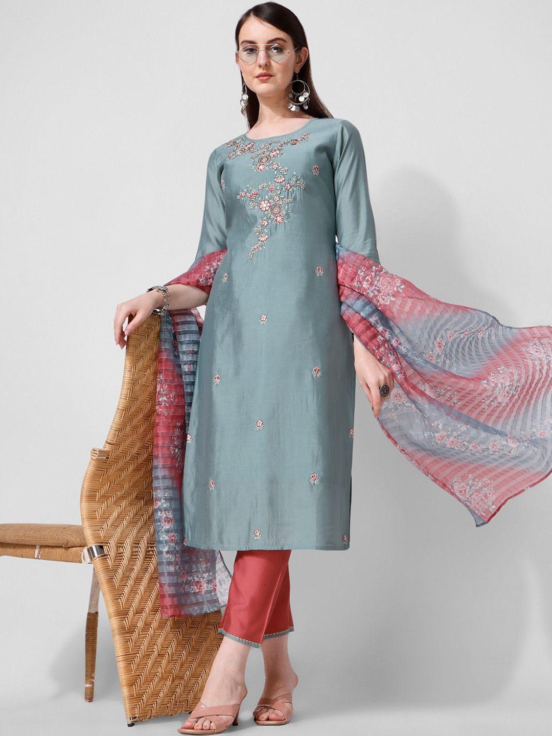 kalini floral embroidered chanderi cotton kurta & trousers with dupatta