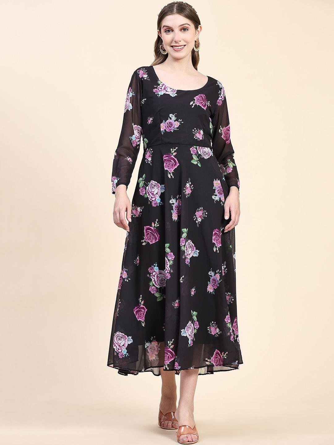 black scissor floral printed georgette maxi ethnic dress