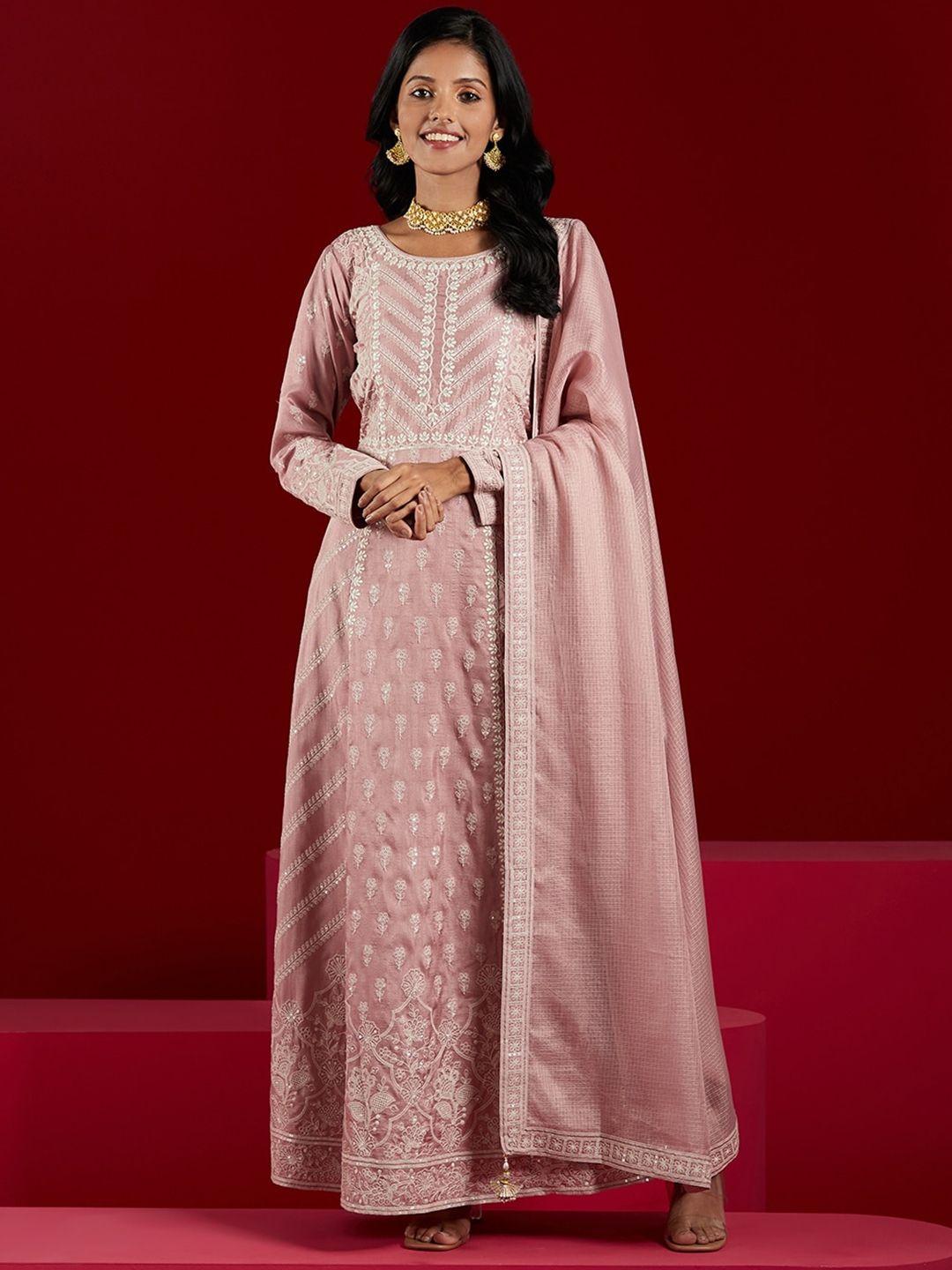 libas art embroidered panelled sequined a-line pure silk kurta with trousers & dupatta