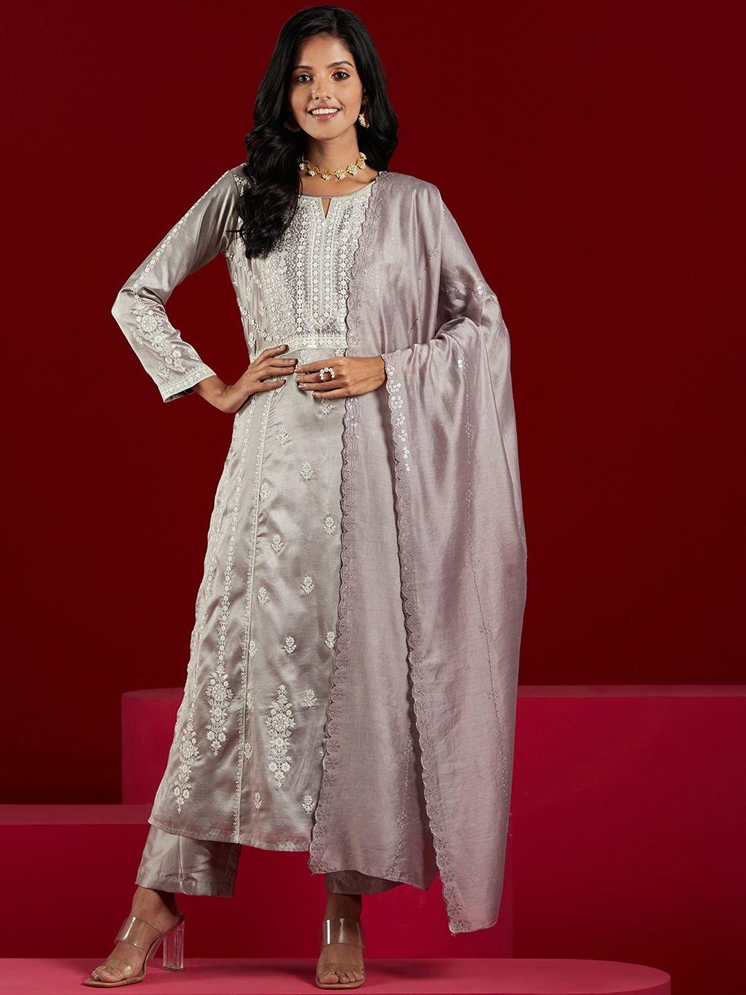 libas art floral embroidered panelled sequinned a-line kurta with trousers & dupatta