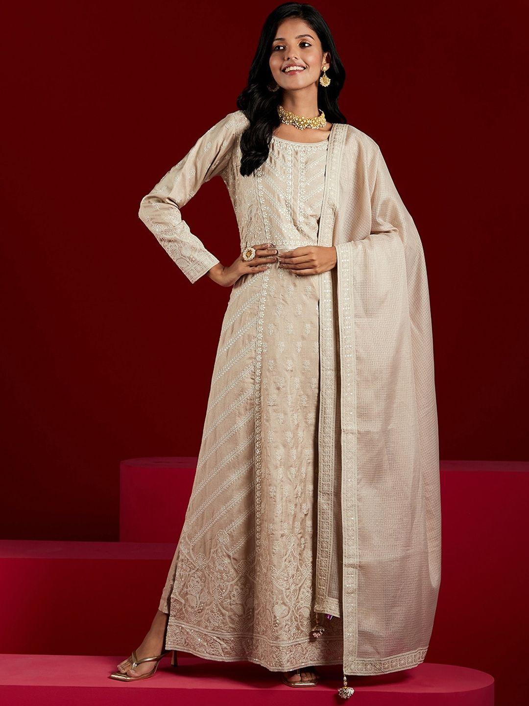 libas art floral embroidered panelled sequinned pure silk kurta with trousers & dupatta