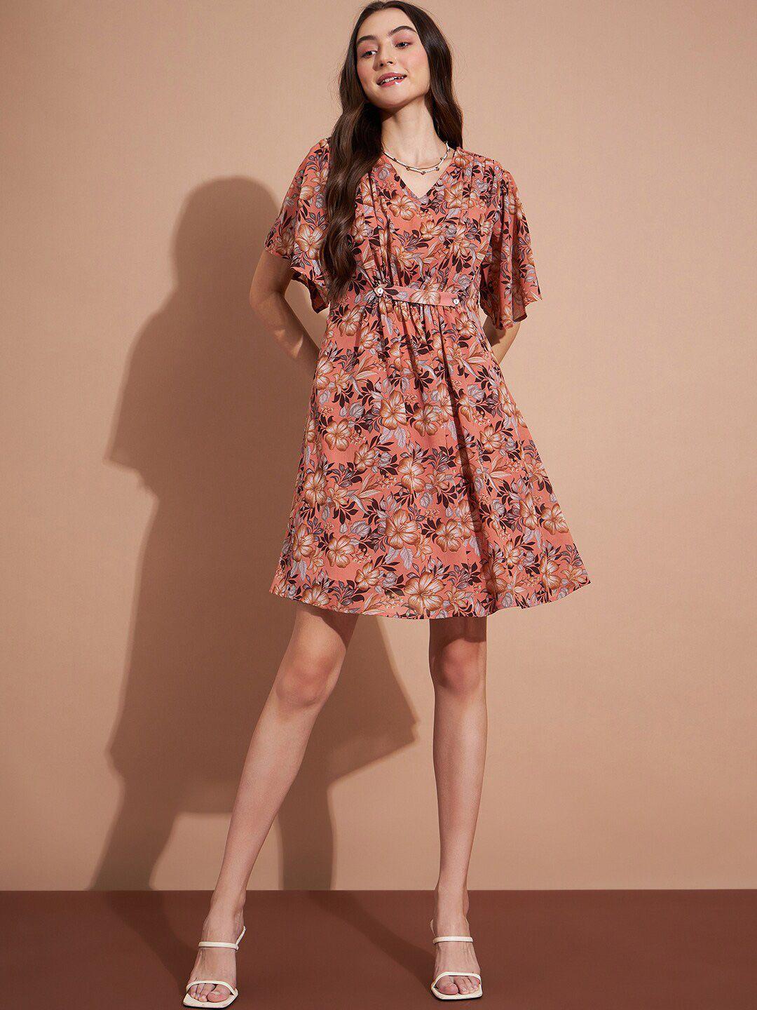 dressberry rust floral printed flared sleeves gathered a-line dress