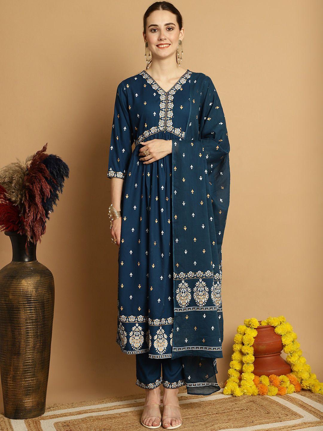 sangria ethnic motifs printed v-neck with trouser & dupatta