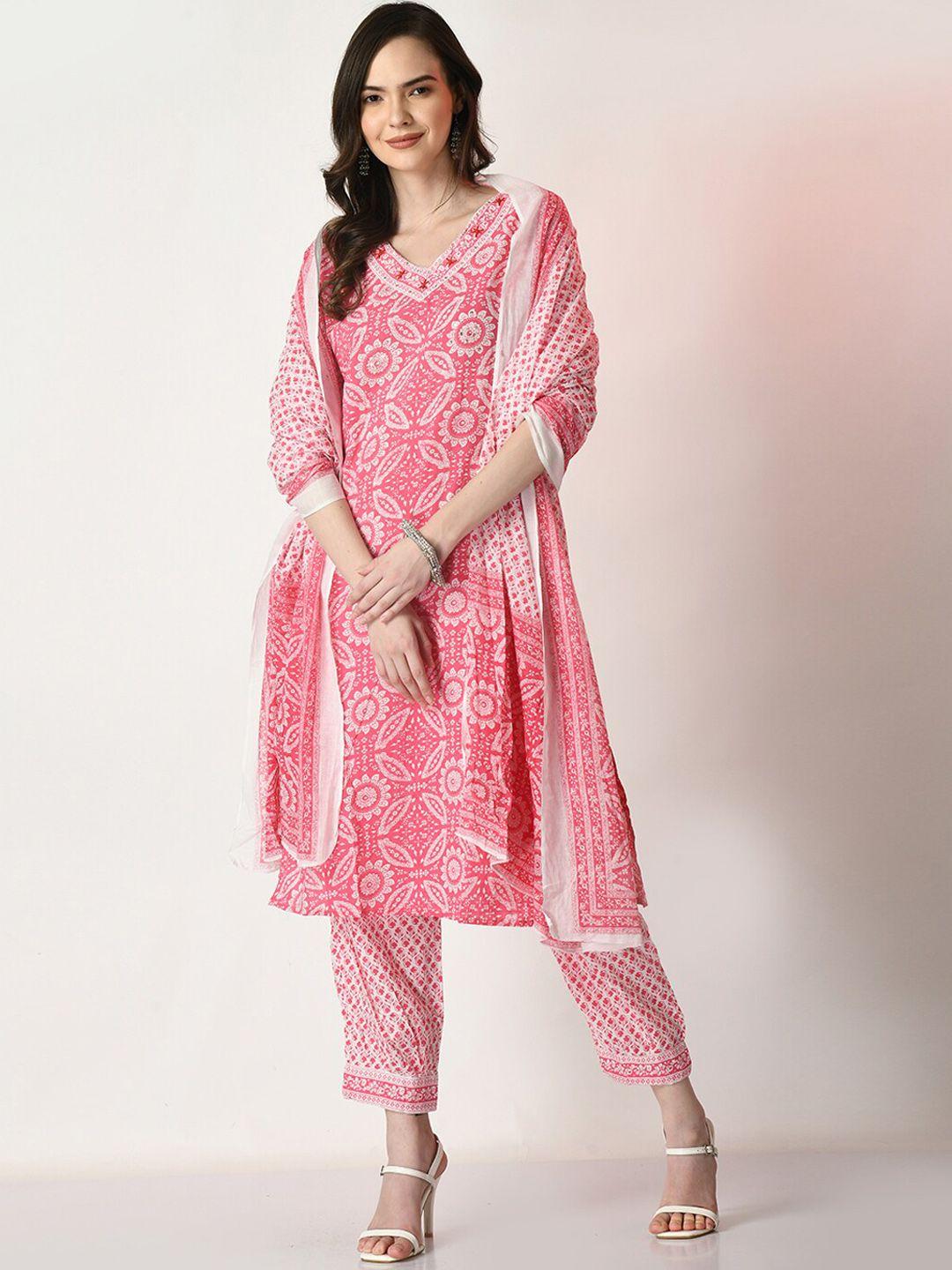 kalini floral printed regular thread work pure cotton kurta with trouser & with dupatta