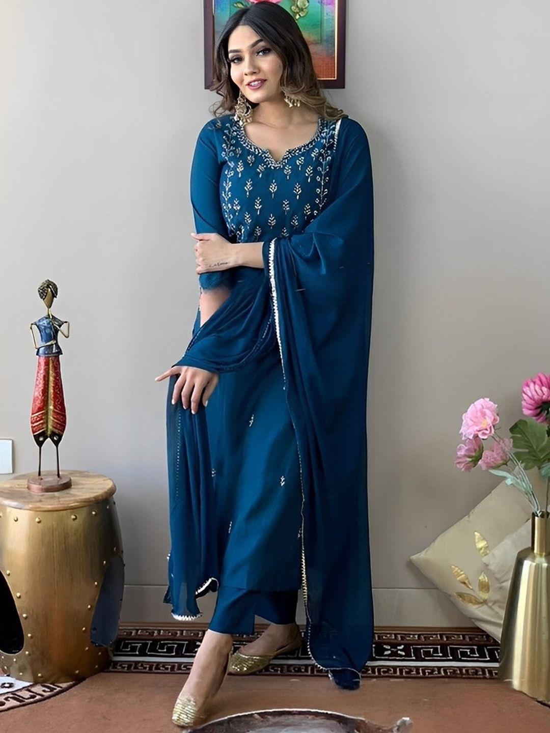 kalini ethnic motifs embroidered thread work detail straight kurta & trousers with dupatta