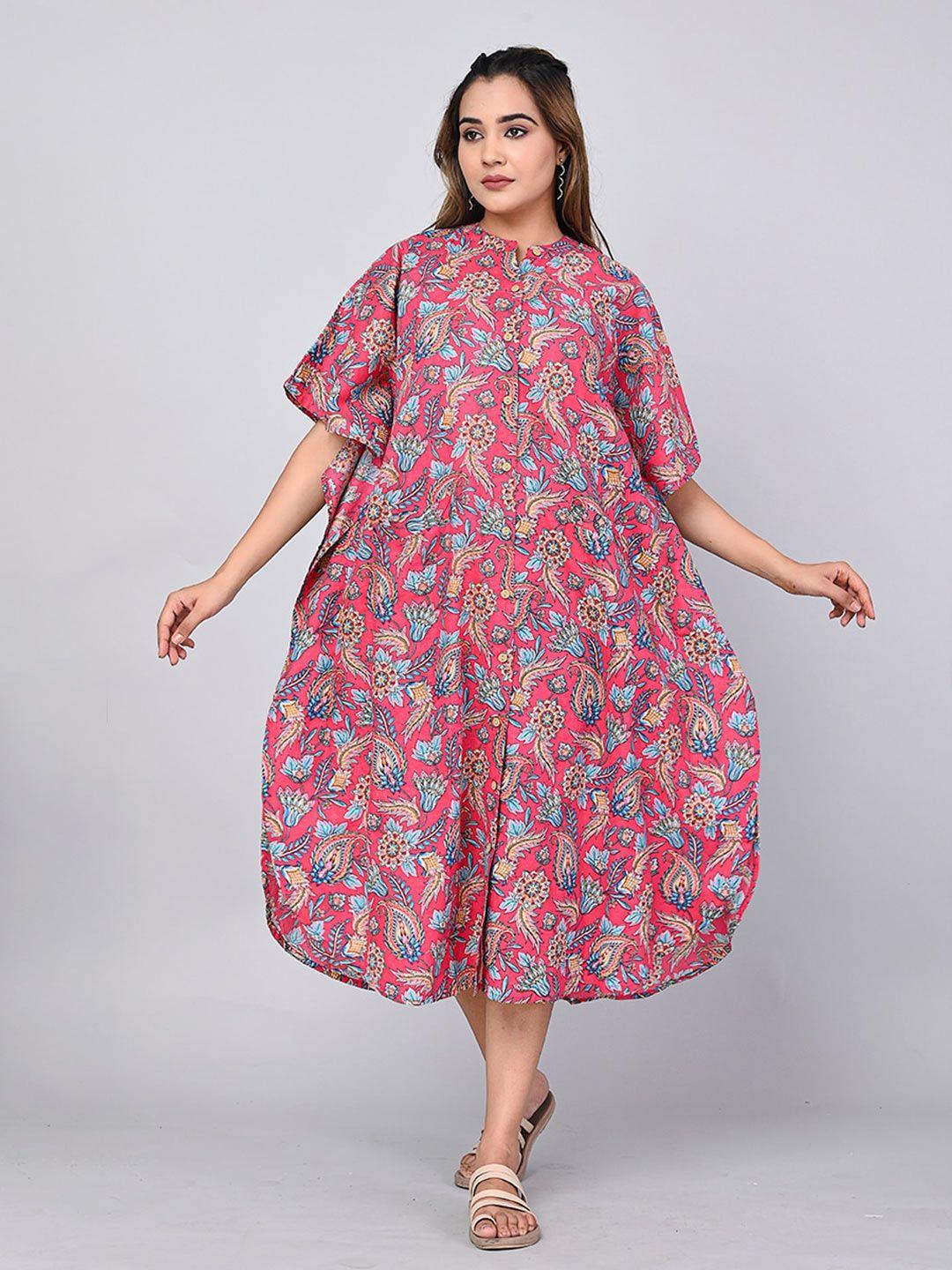 shoolin floral printed flared sleeves cotton kaftan midi dress