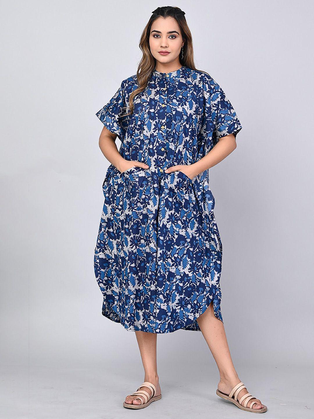 shoolin navy blue floral print shirt midi dress