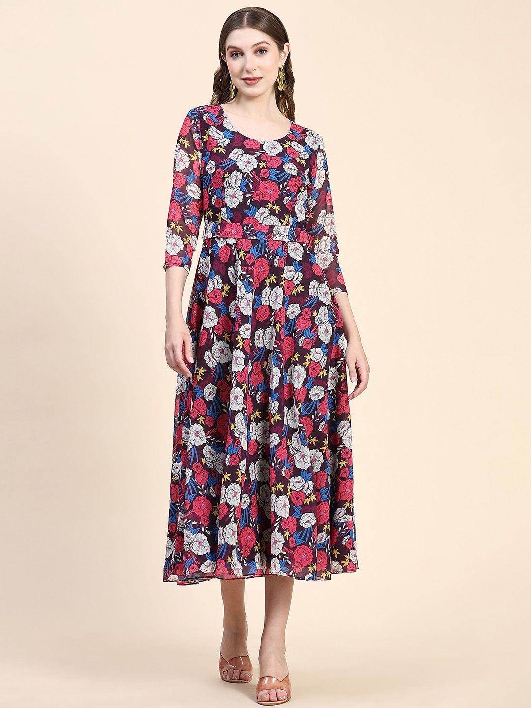 black scissor floral printed fit & flared ethnic dress & belt