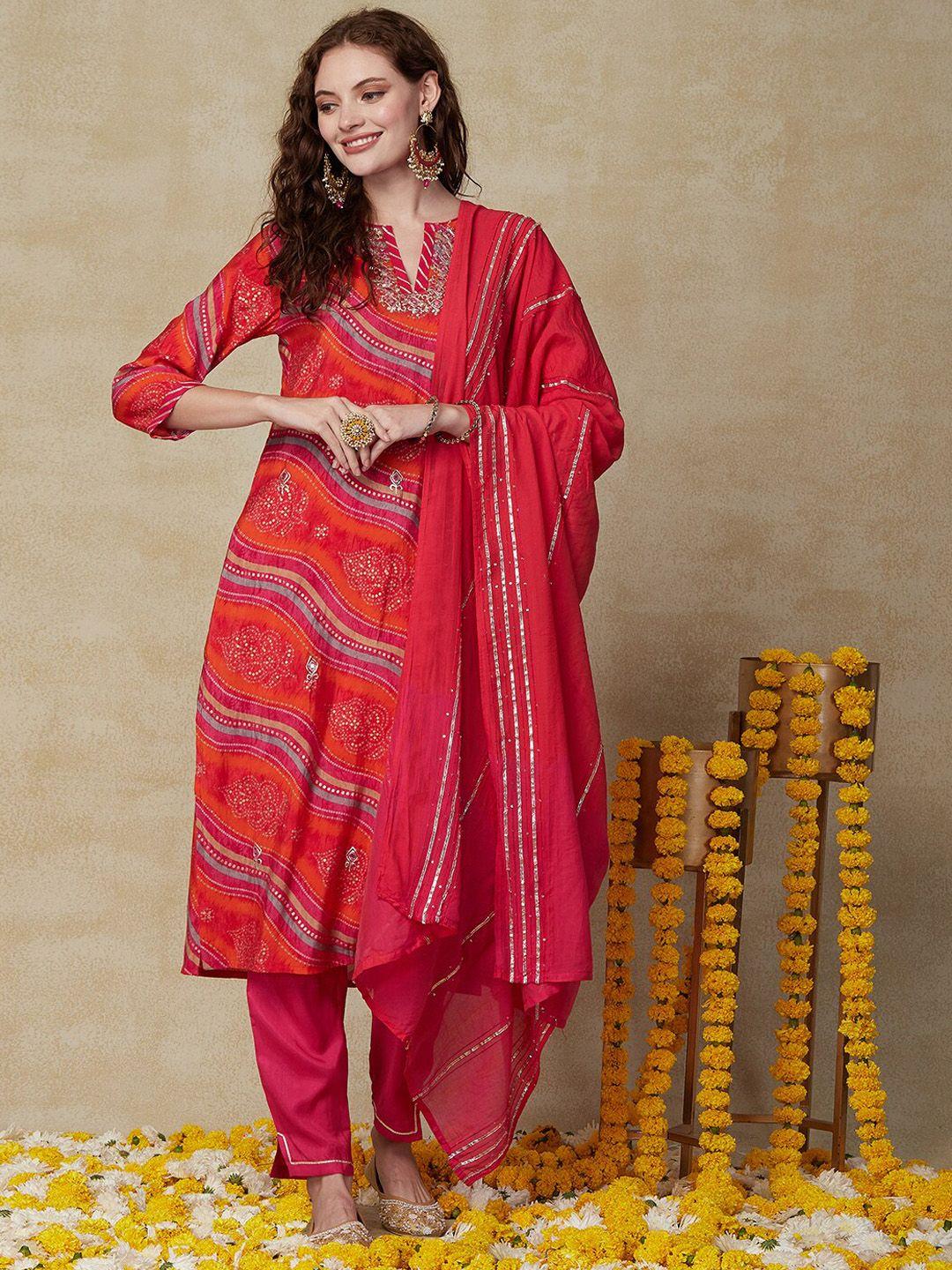 fashor pink floral printed thread work detail straight kurta & trouser with dupatta