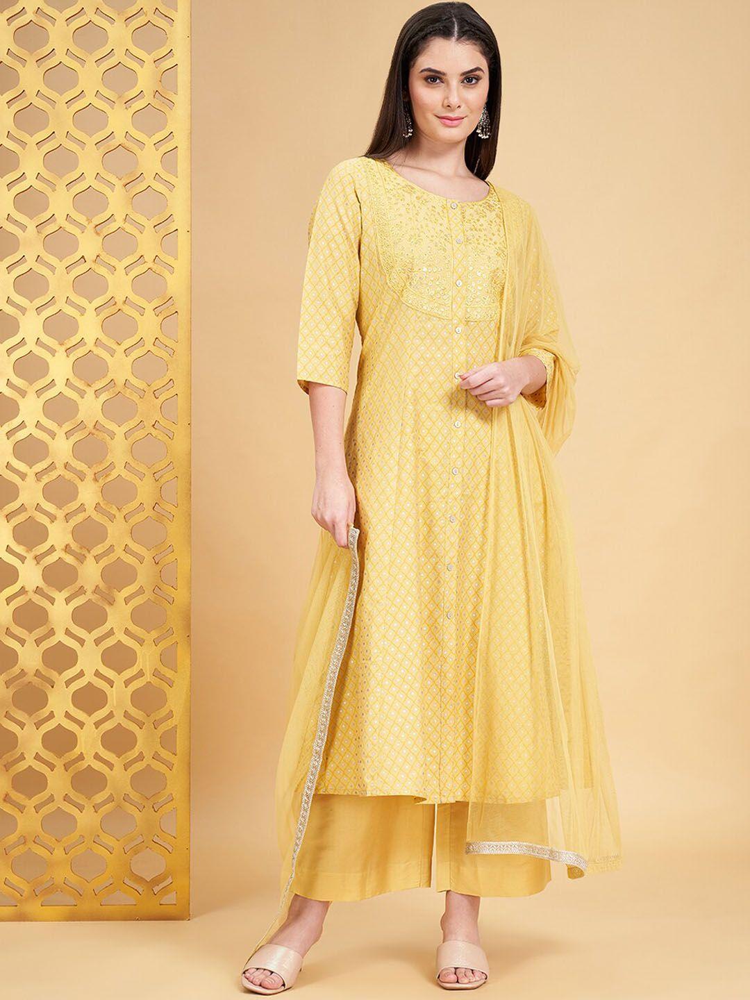 rangmanch by pantaloons ethnic printed chanderi silk kurta with pyjamas & dupatta