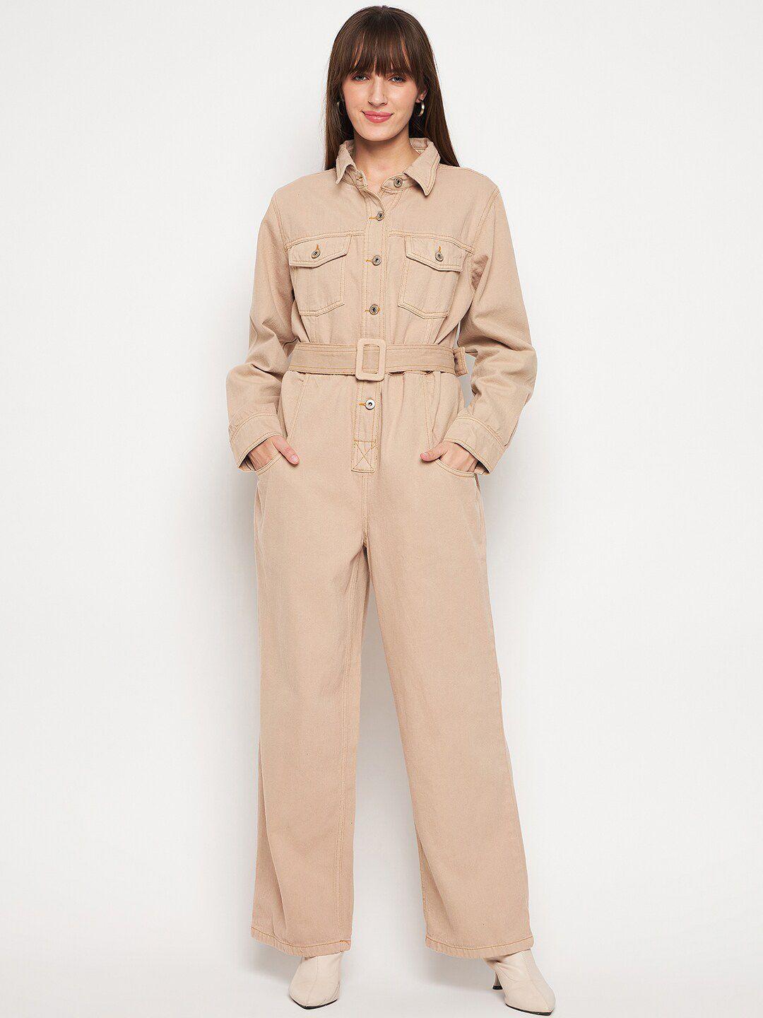 madame shirt collar cotton basic jumpsuit with belt