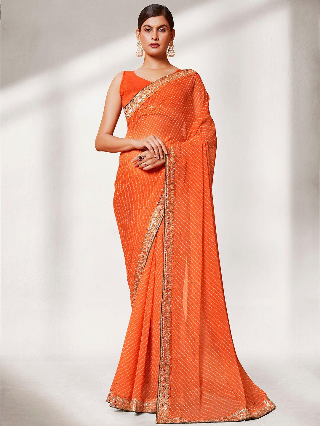 mitera orange & white striped embroidered pure georgette saree