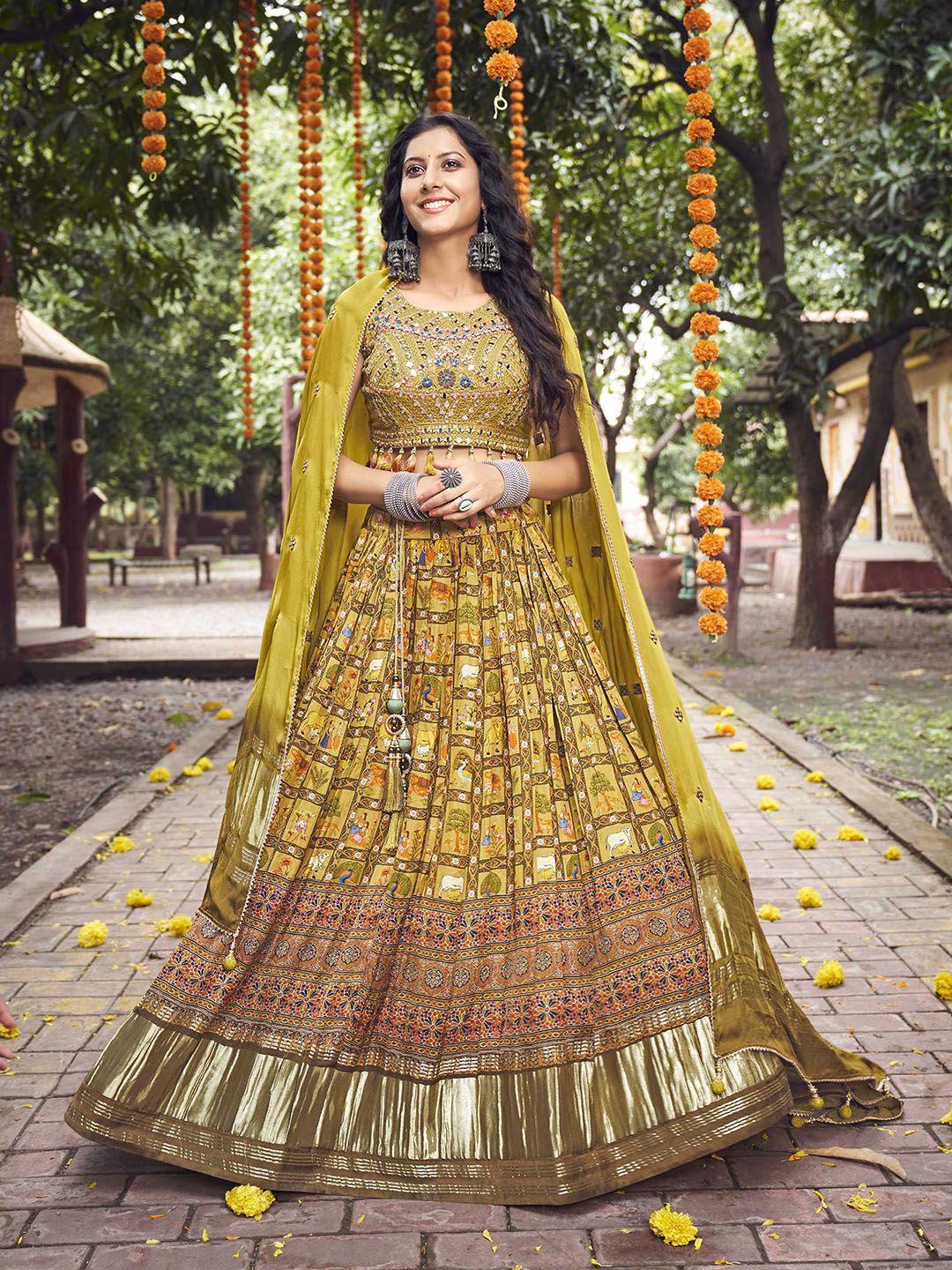 panzora embroidered mirror work semi-stitched lehenga & blouse with dupatta