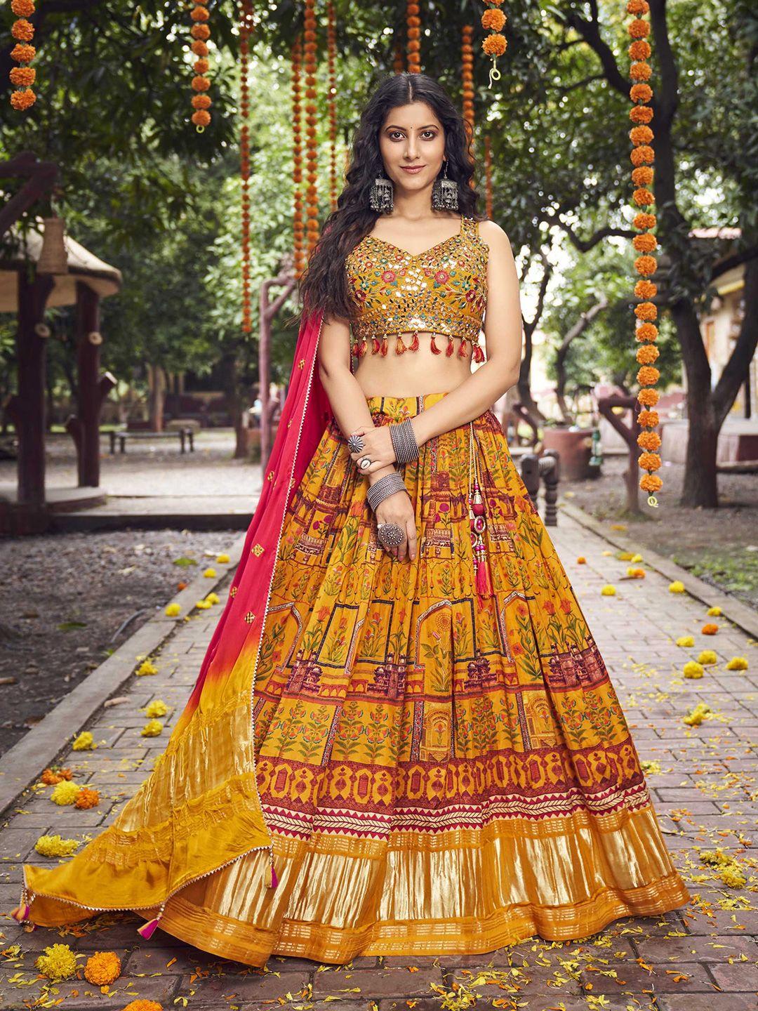 panzora embroidered mirror work semi-stitched lehenga & blouse with dupatta