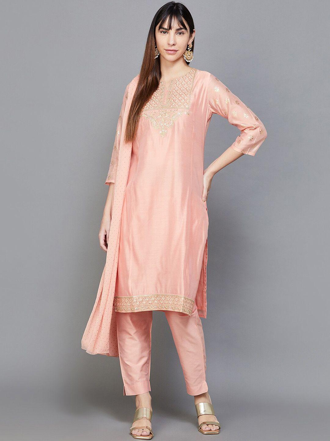 melange by lifestyle ethnic motifs embroidered pure cotton kurta with trousers