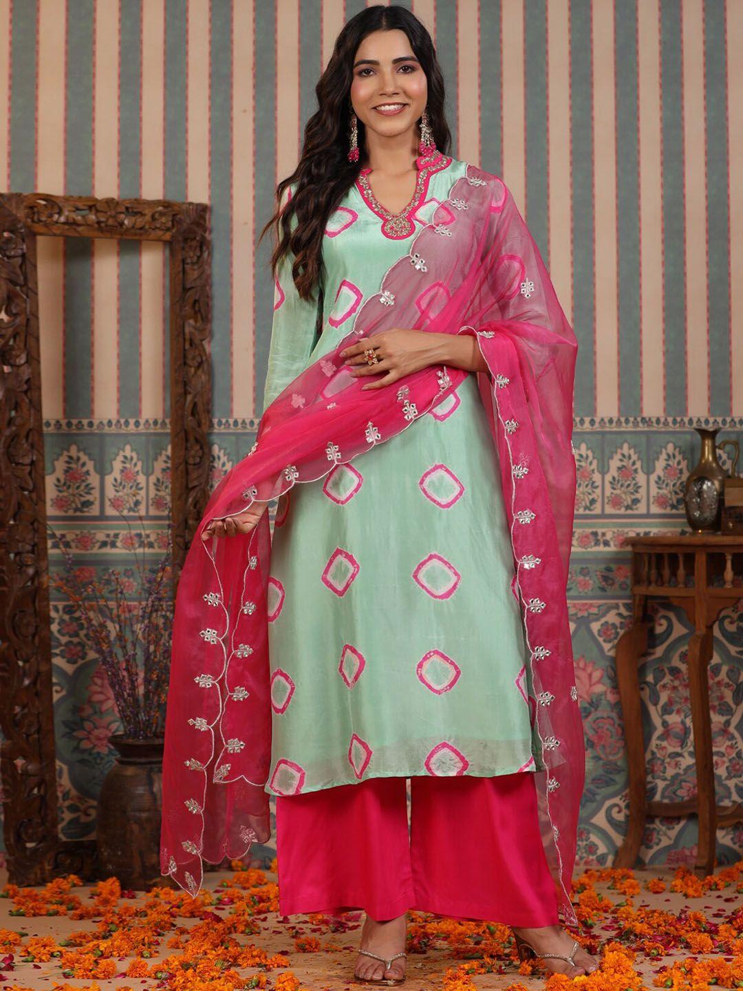 rangeelo tie & dyed regular thread work a-line kurta with palazzos & with dupatta